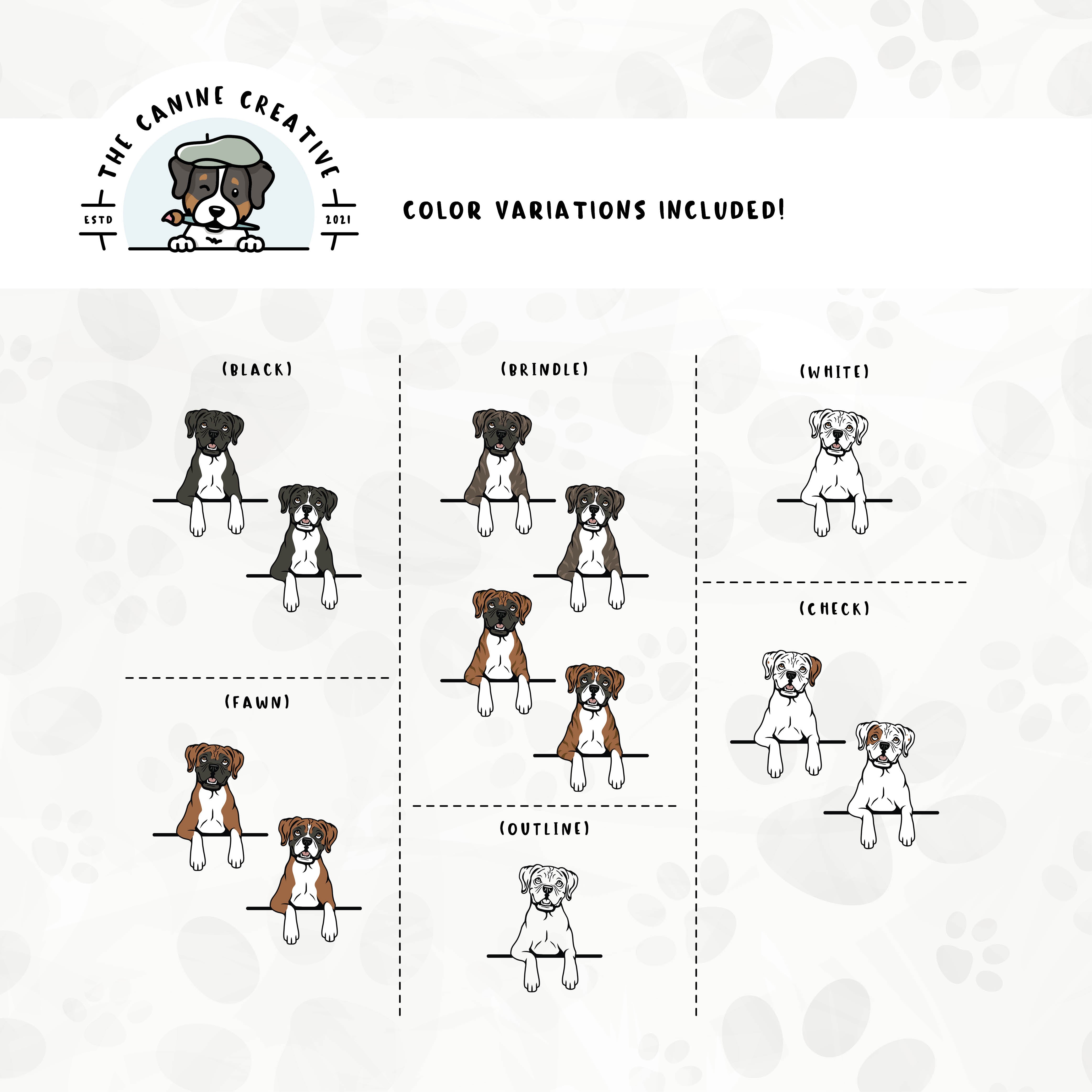 Dog color variations for this Boxer dog design set includes common color and marking variations found in this breed (white, fawn, black, brindle, flashy, classic, and check), as well as an outline option.
