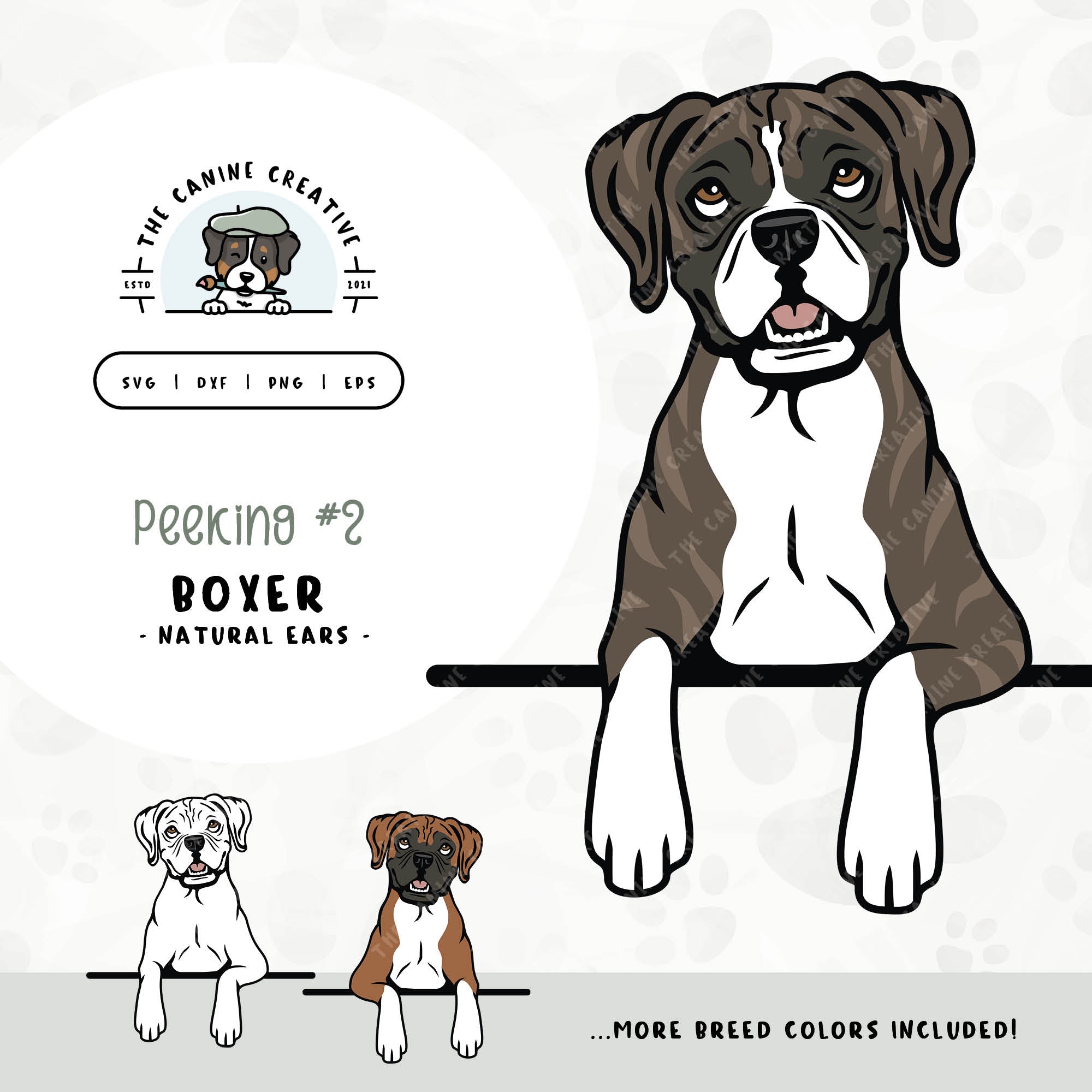 This illustrated design features a peeking Boxer dog with floppy ears. File formats include: SVG, DXF, PNG, and EPS.