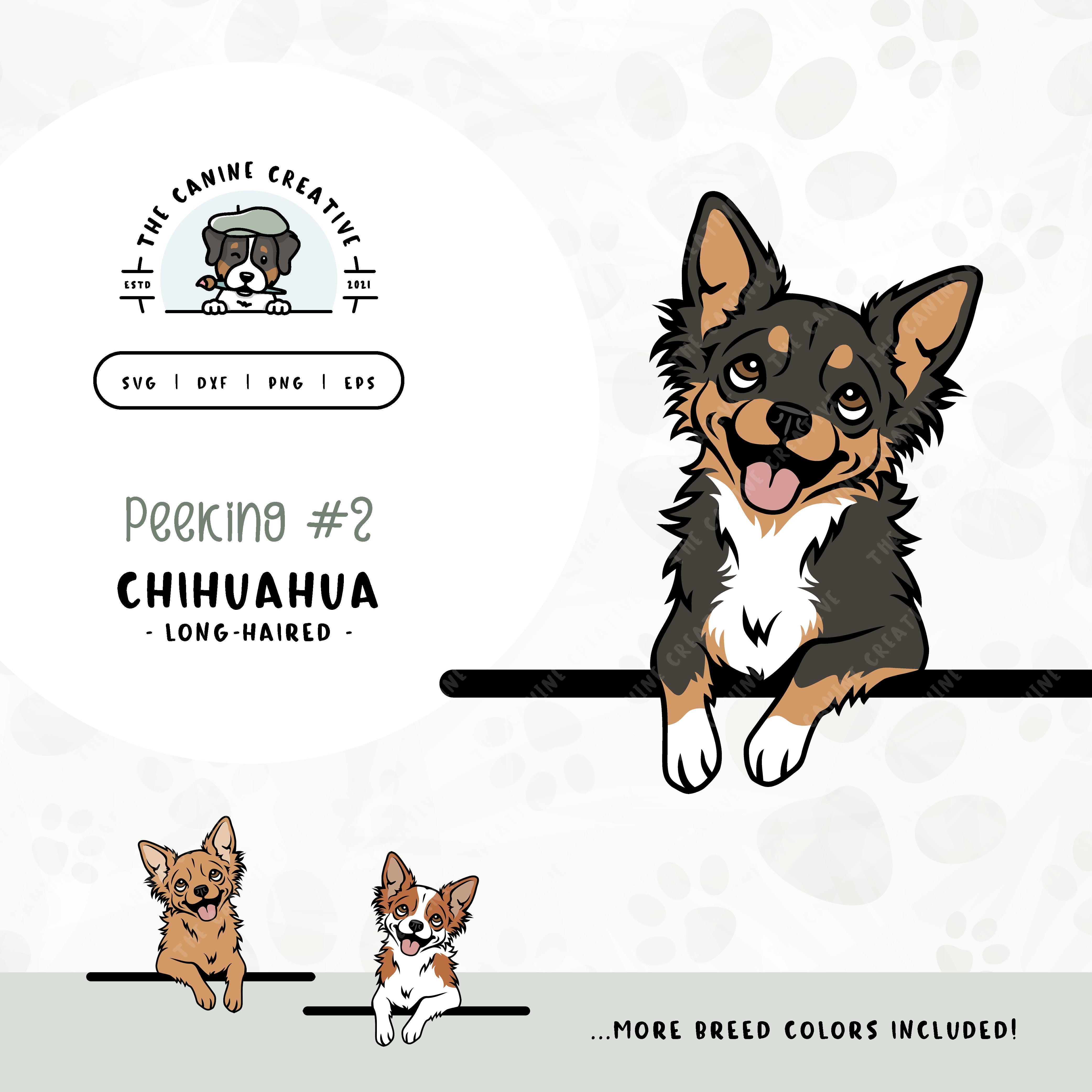 This illustrated design features a peeking long haired Chihuahua. File formats include: SVG, DXF, PNG, and EPS.