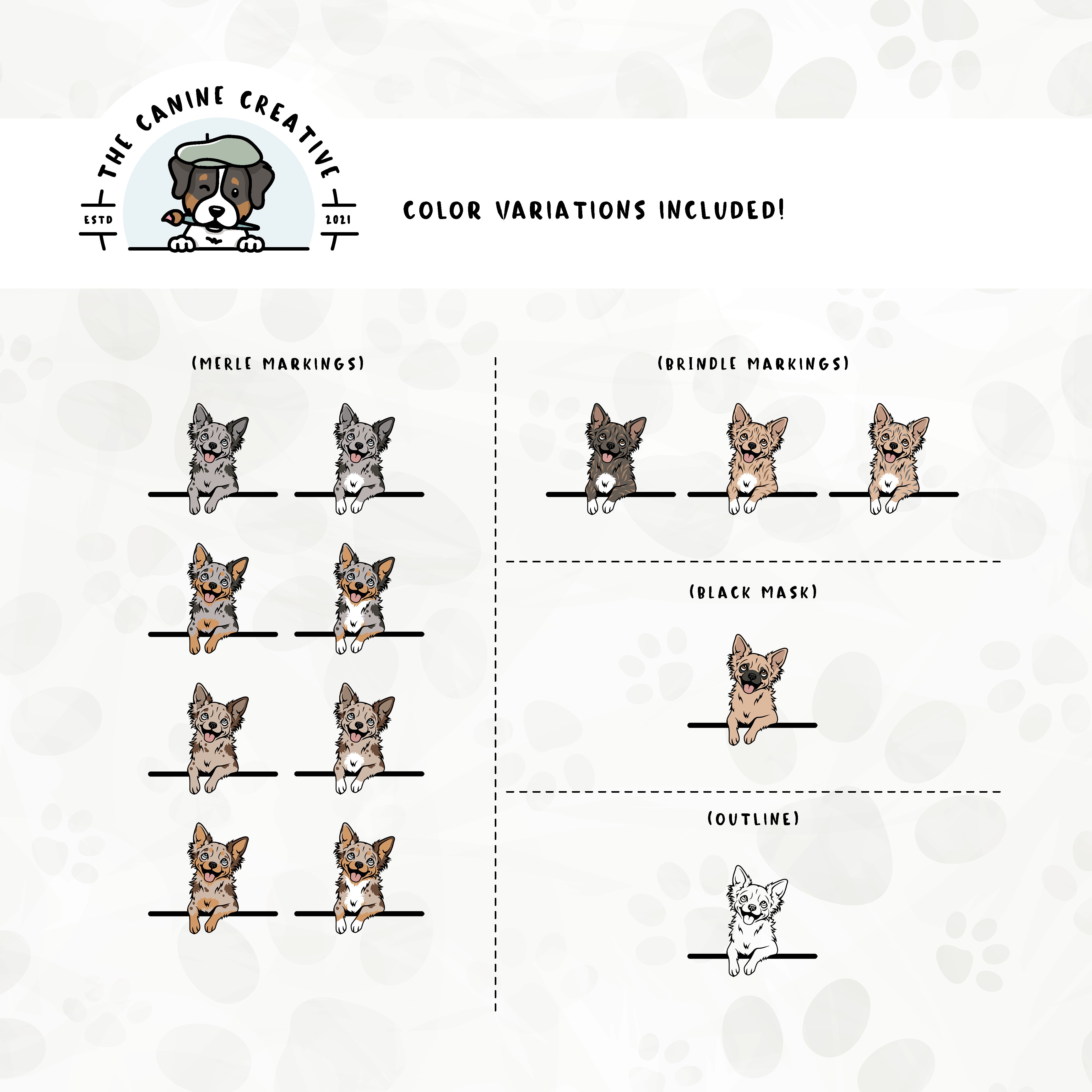 Part 3 of this design set includes Chihuahuas with merle, brindle, and black mask markings, along with an outline option.