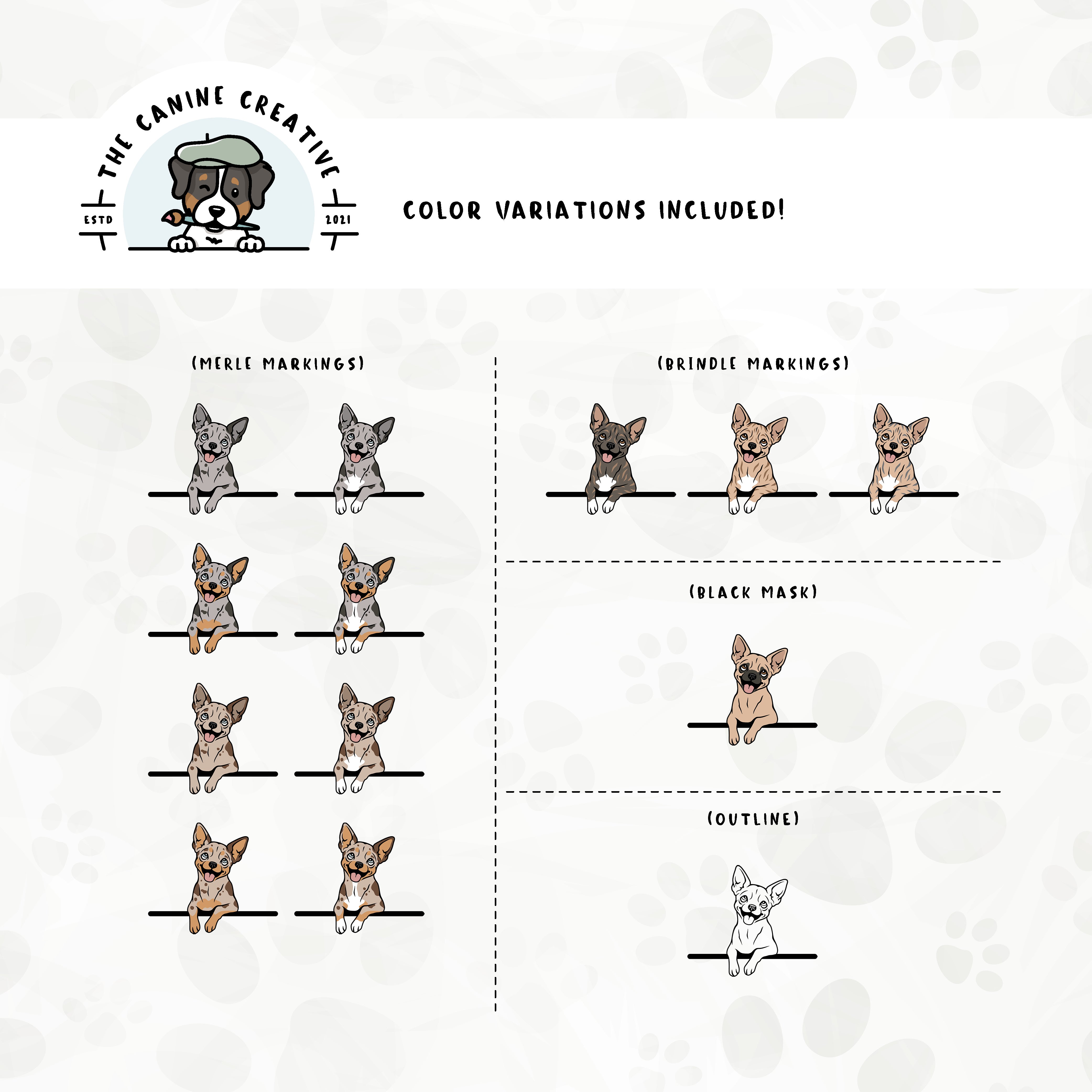 Part 3 of this design set includes Chihuahuas with merle, brindle, and black mask markings, along with an outline option.