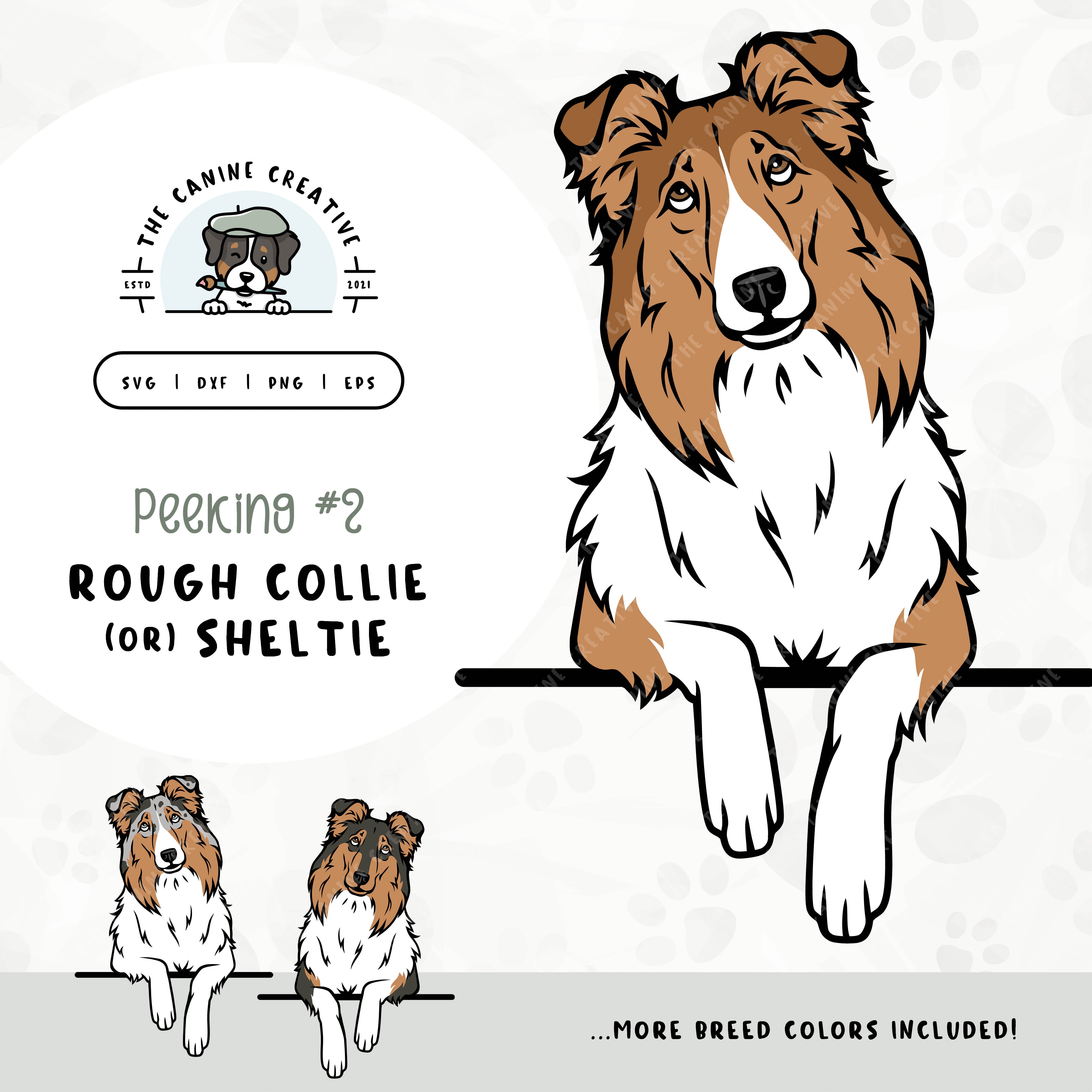 This hand-drawn, illustrated design bundle features a various colors of peeking (option #2) Rough Collies or Shetland Sheepdogs. File formats include: SVG, DXF, PNG, and EPS.