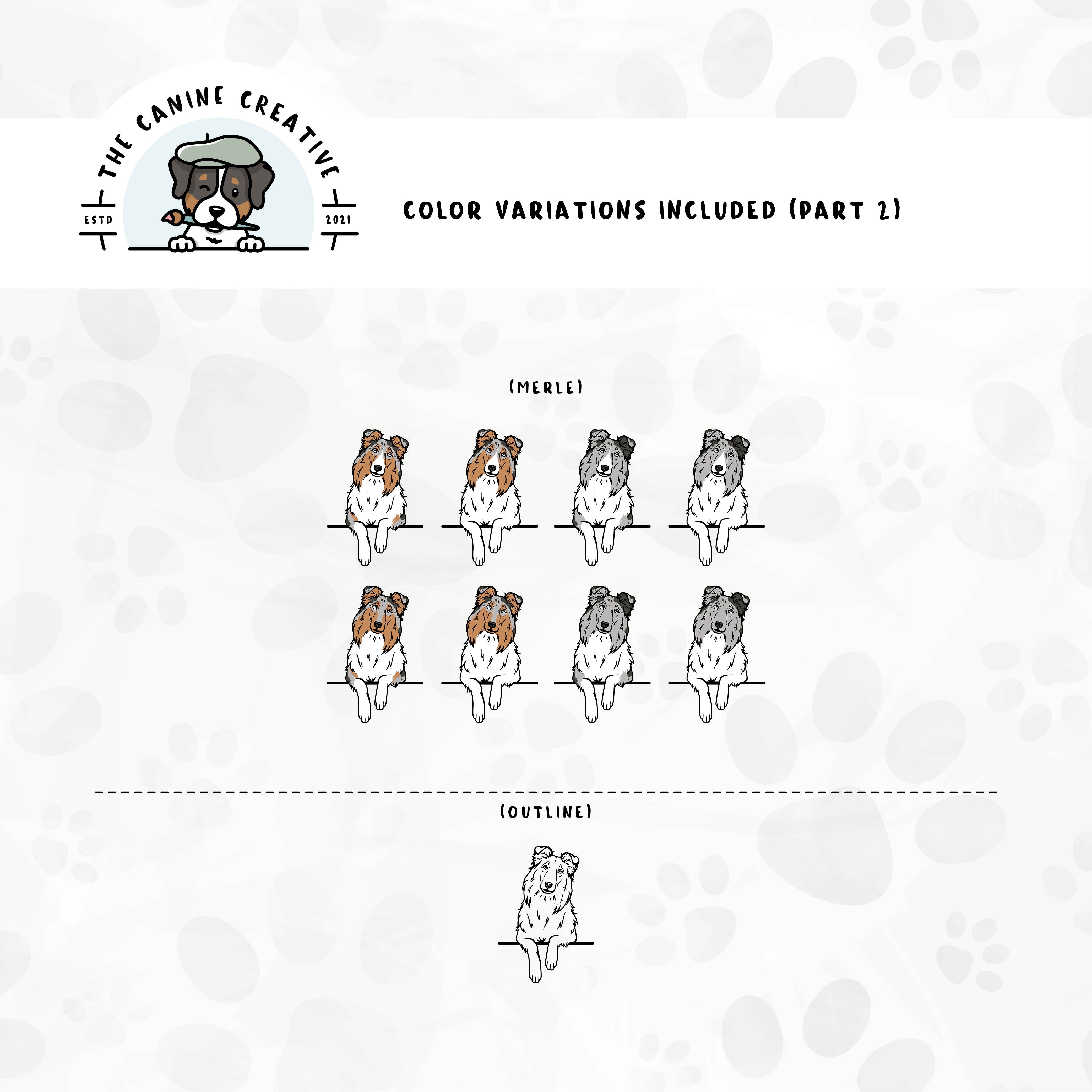 Part 2 of dog color variations for this design bundle includes bi-blue and merle in standard and white-factored markings as well as an outline version.