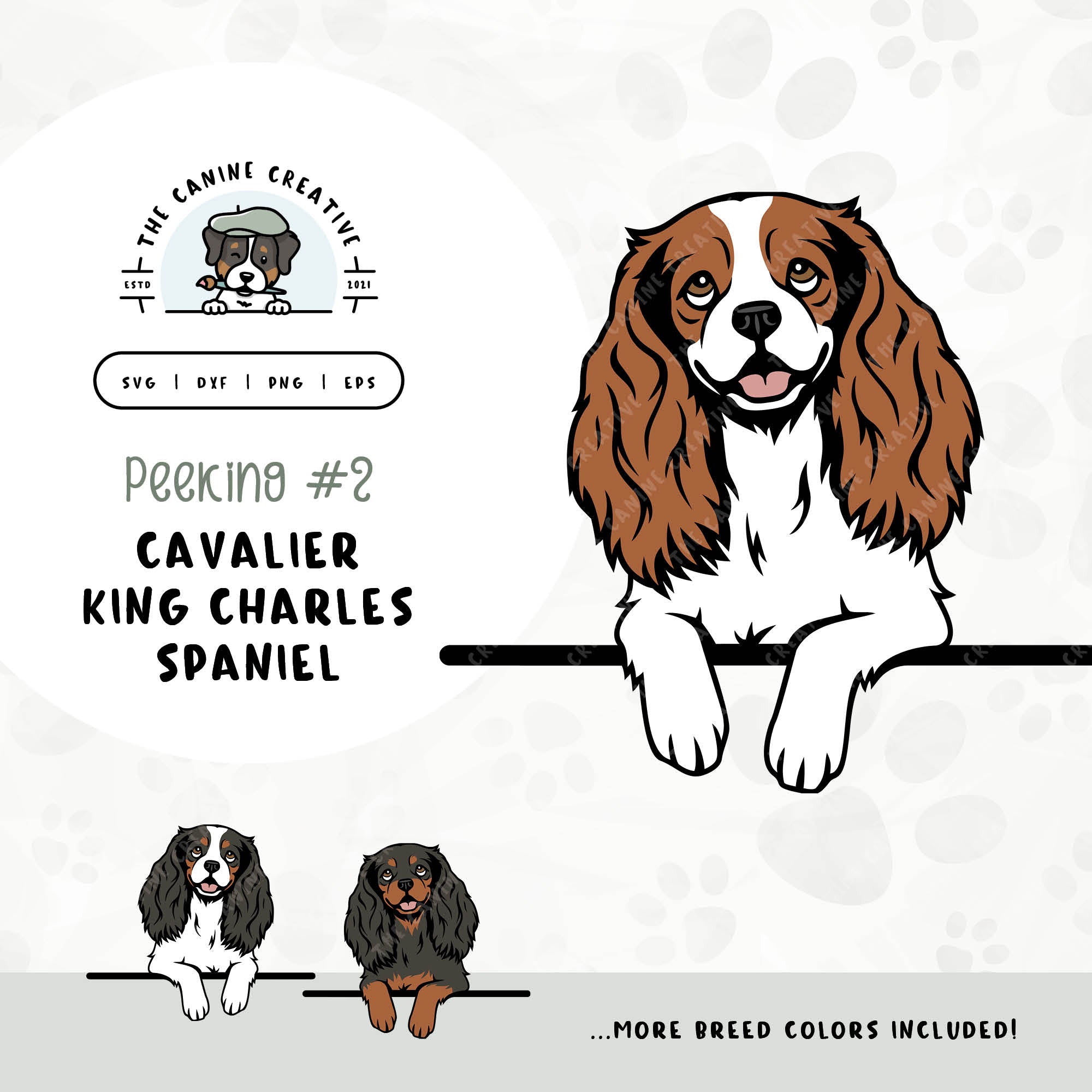 This illustrated design features a peeking Cavalier King Charles Spaniel. File formats include: SVG, DXF, PNG, and EPS.