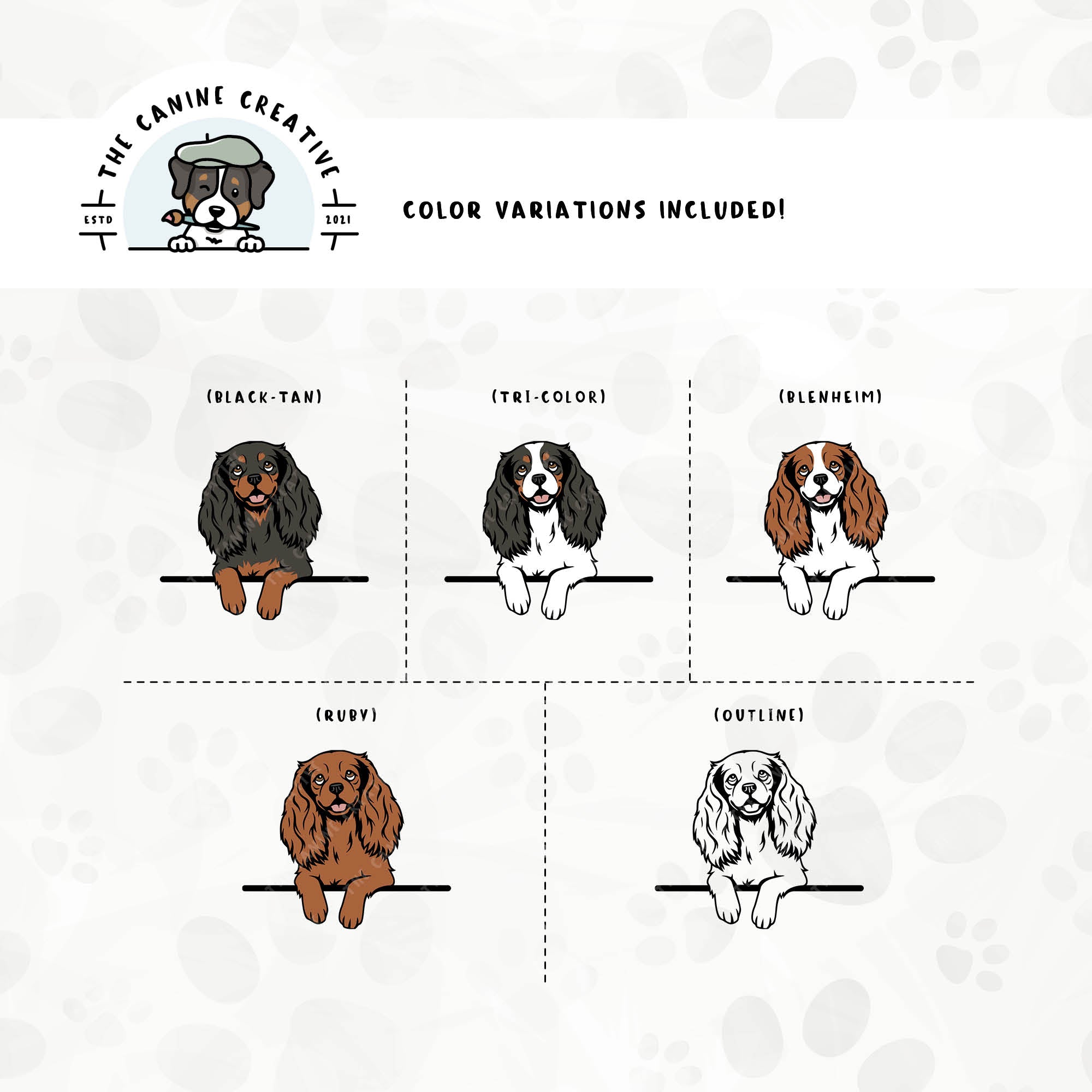 Dog color variations for this Cavalier King Charles Spaniel design set includes common color and marking variations found in this breed (blenheim, tri-color, black-tan, and ruby), as well as an outline option.