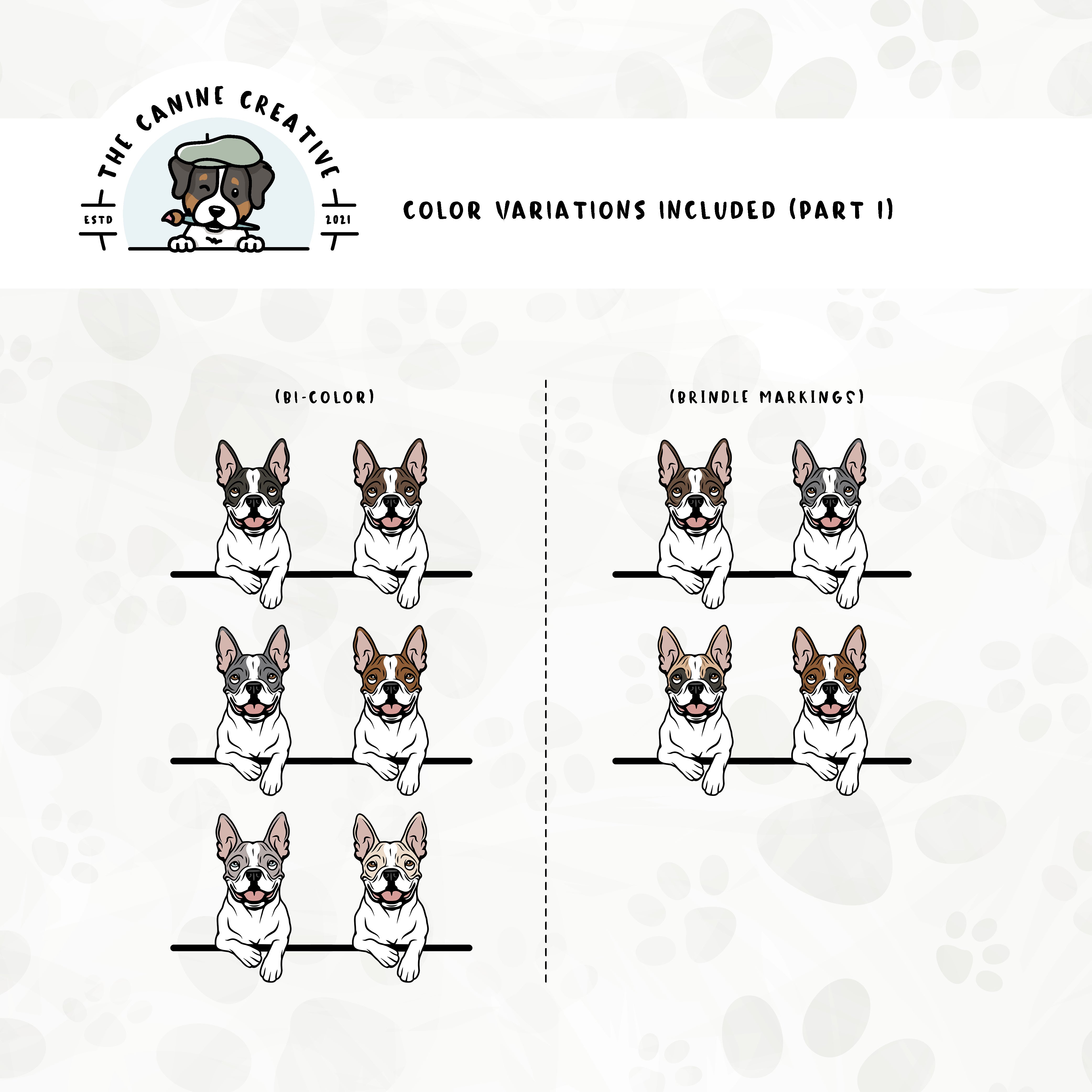Part 1 of dog color variations for this Boston design set includes multiple bi-color options and brindle markings.