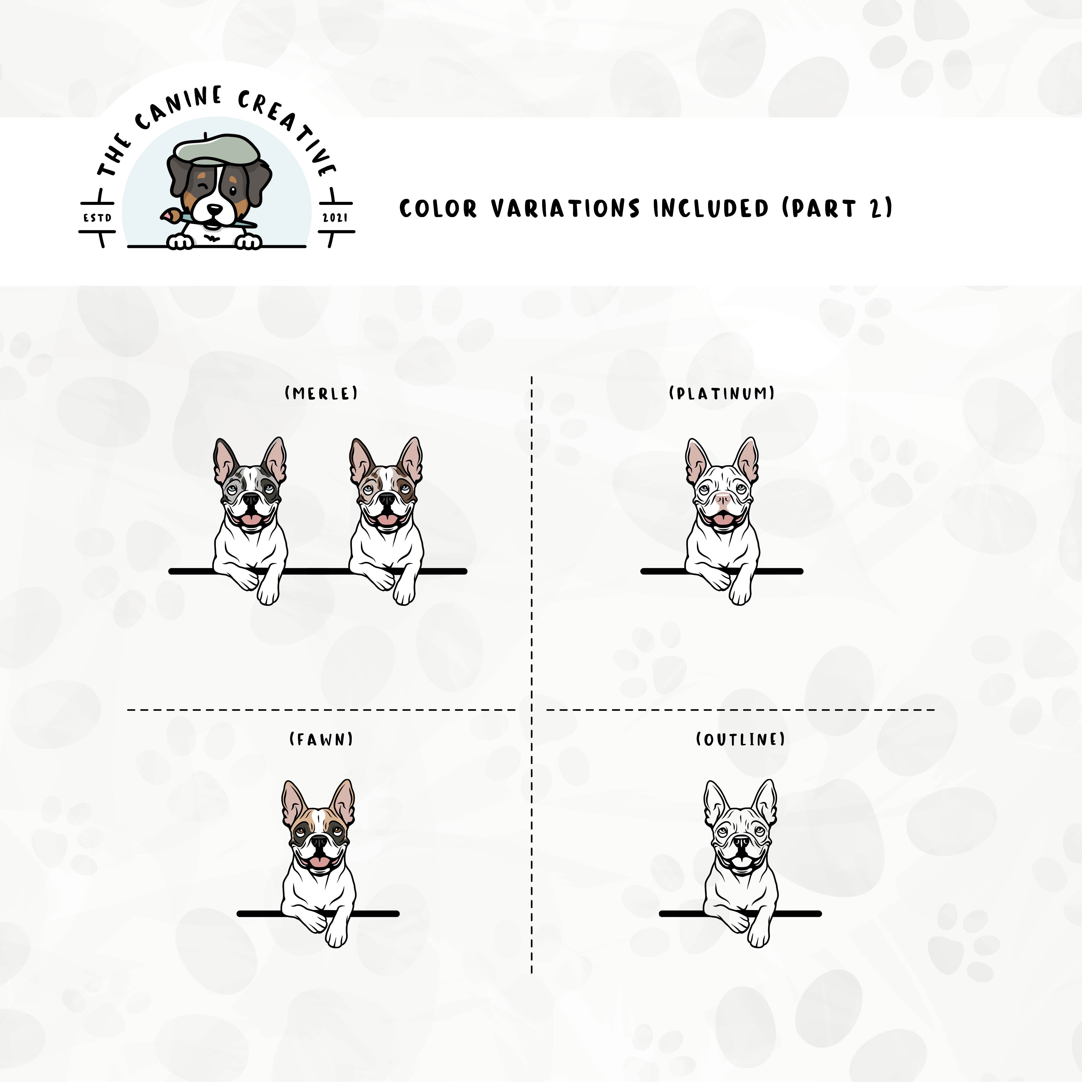 Part 2 of dog color variations for this Boston design set includes merle, fawn, and platinum colors, as well as an outline version.