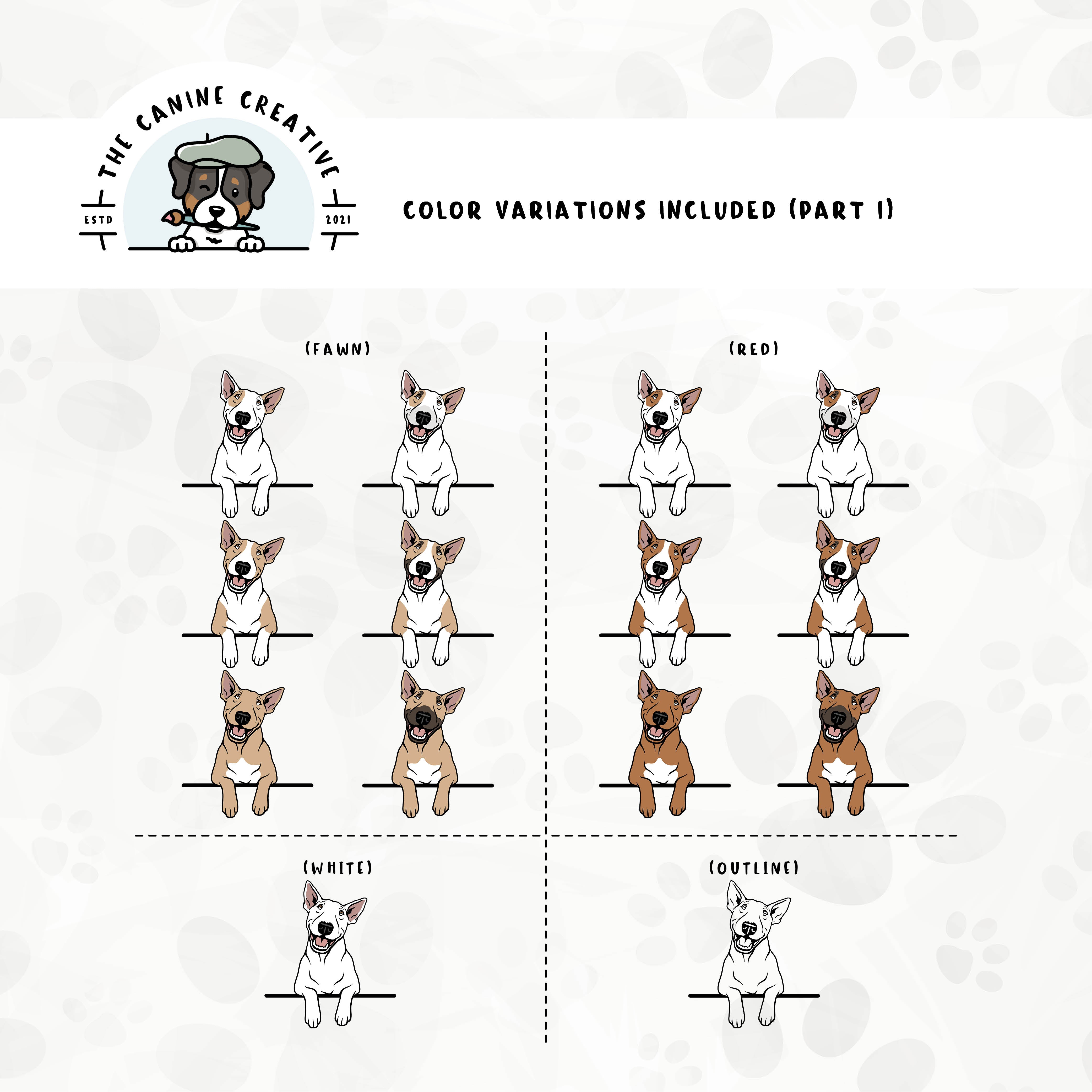Part 1 of dog color variations for this design set includes common color and marking variations found in this Bully breed (white, bi-color, and smut), as well as an outline option.