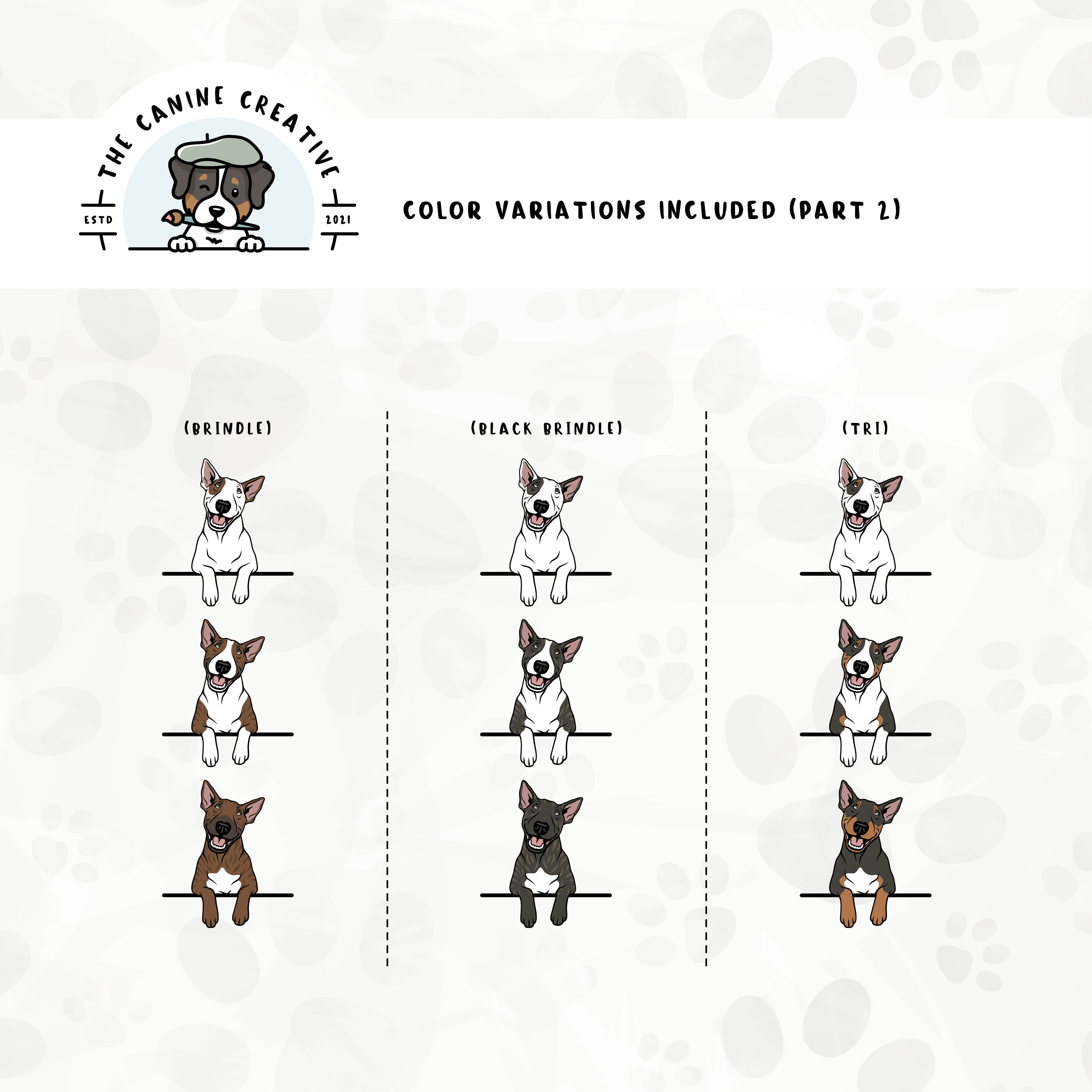 Part 2 of dog color variations for this design set includes common color and marking variations found in this Bully breed (brindle and tri-color).