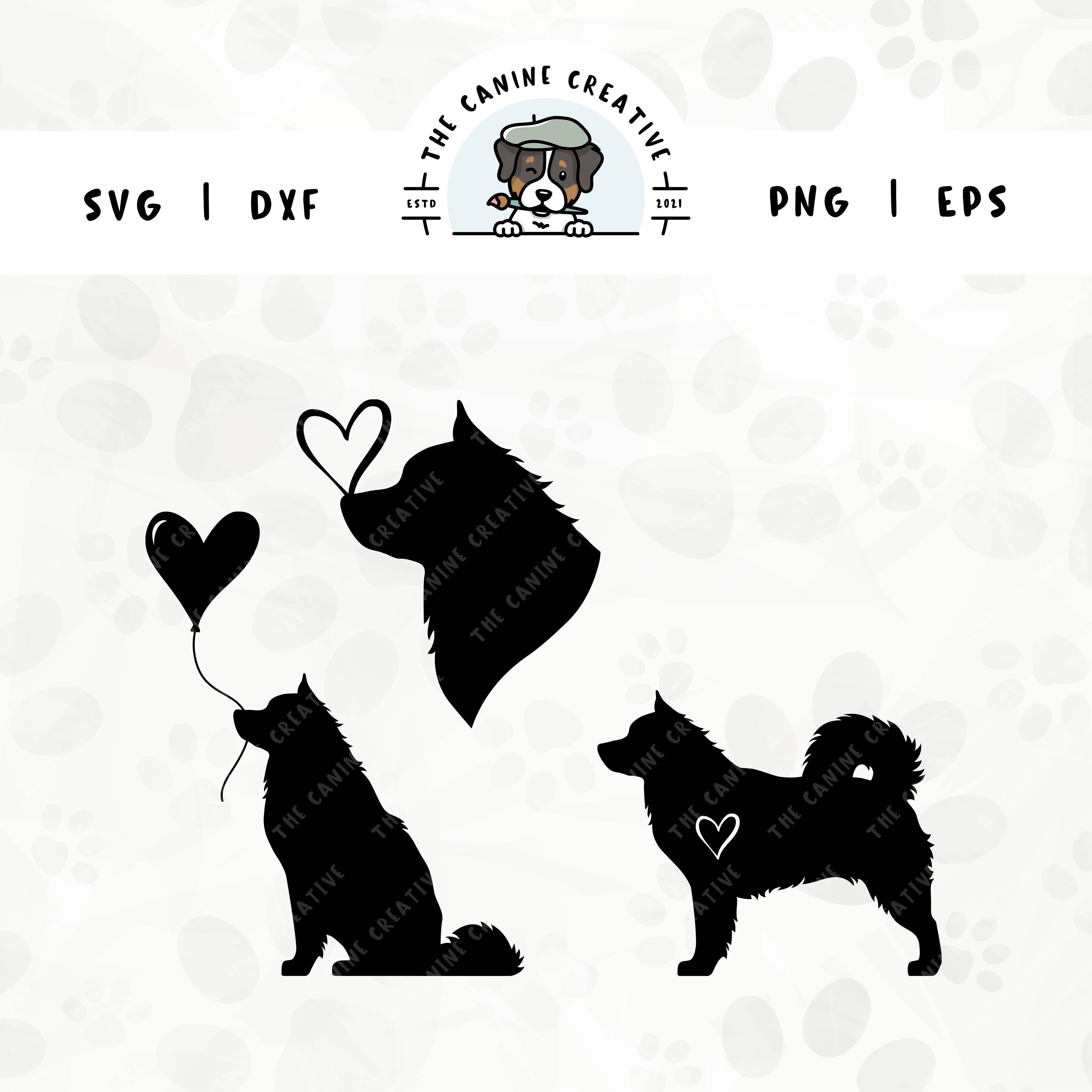 This 3-pack Alaskan Malamute silhouette bundle features a head portrait of a dog with a heart perched atop it’s nose, a sitting dog holding a heart balloon, and a standing profile of a dog with a heart inset. File formats include: SVG, DXF, PNG, and EPS.