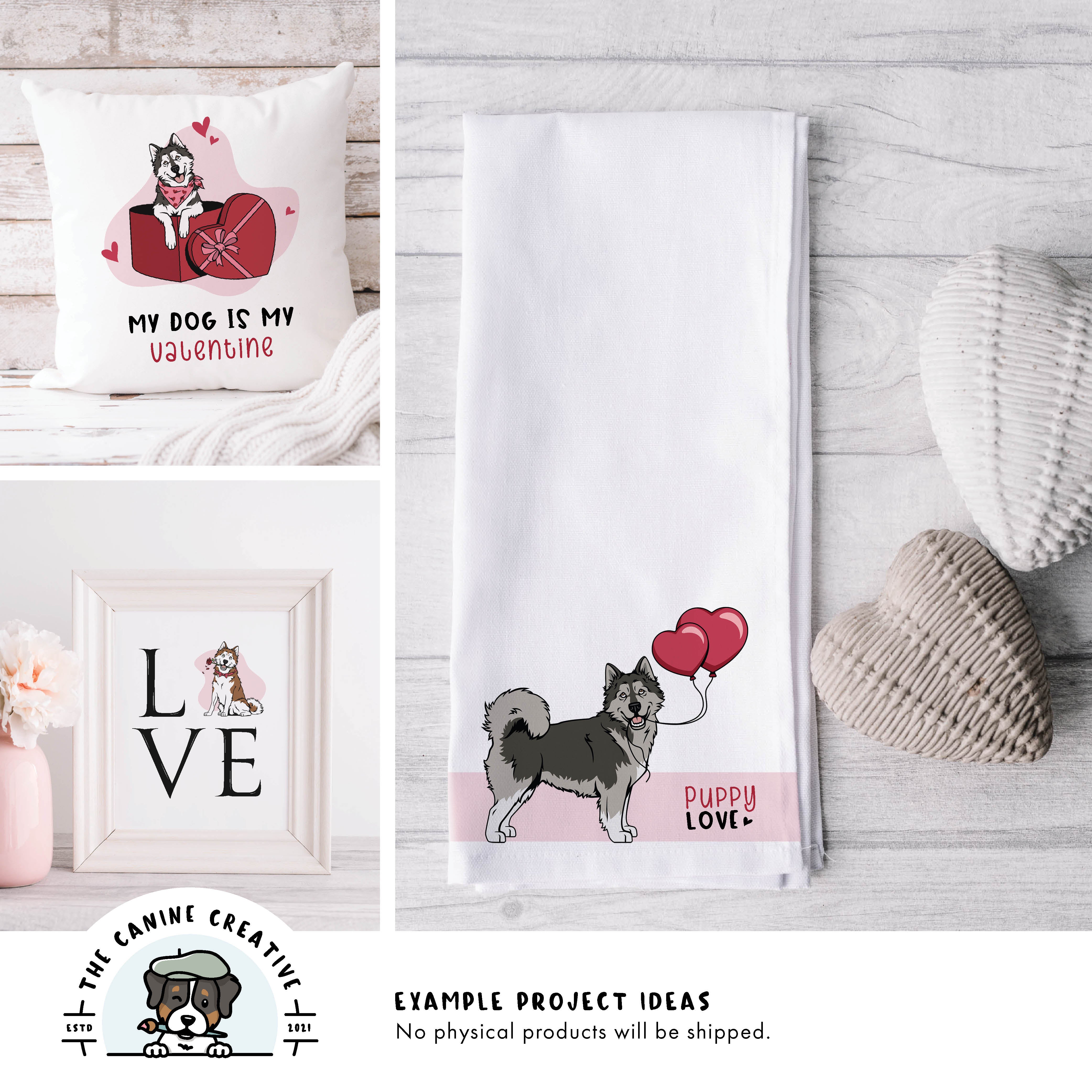 Example project ideas showing designs on a pillow and tea towel and as framed art.