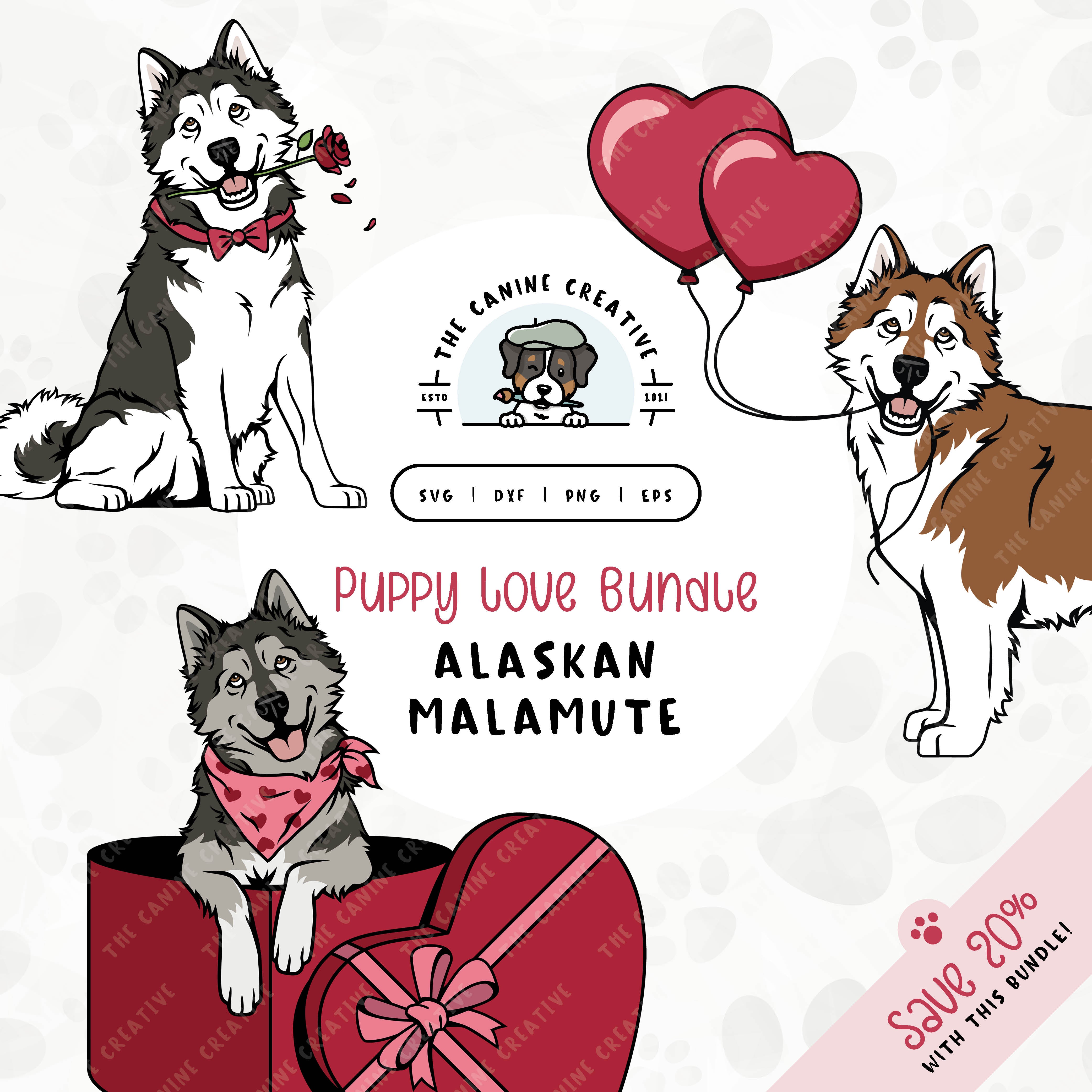 This 3-pack puppy love illustration bundle features Alaskan Malamutes holding heart balloons, peeking out of a heart-shaped box, and holding a rose. File formats include: SVG, DXF, PNG, and EPS.