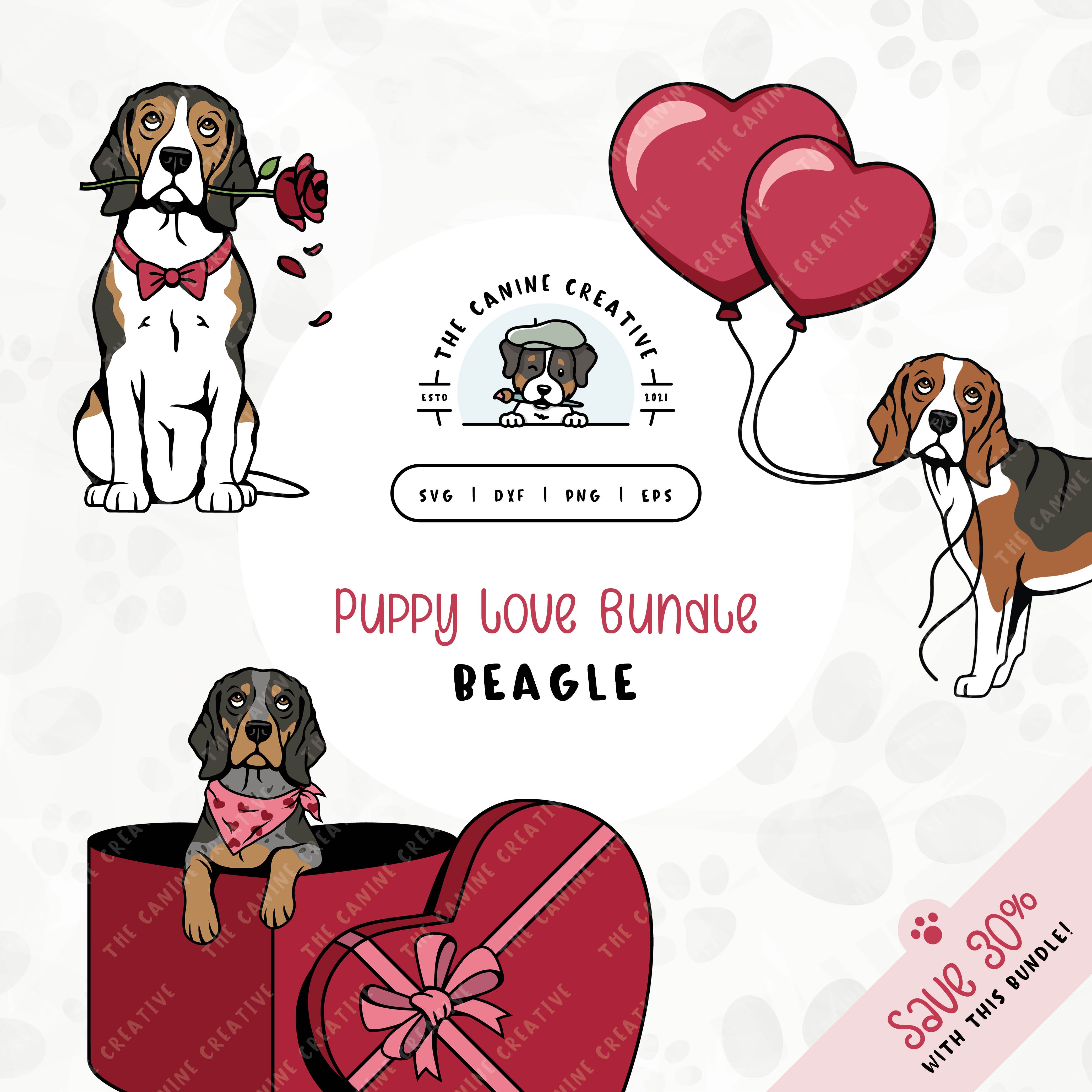 This 3-pack puppy love illustration bundle features Beagles holding heart balloons, peeking out of a heart-shaped box, and holding a rose. File formats include: SVG, DXF, PNG, and EPS.