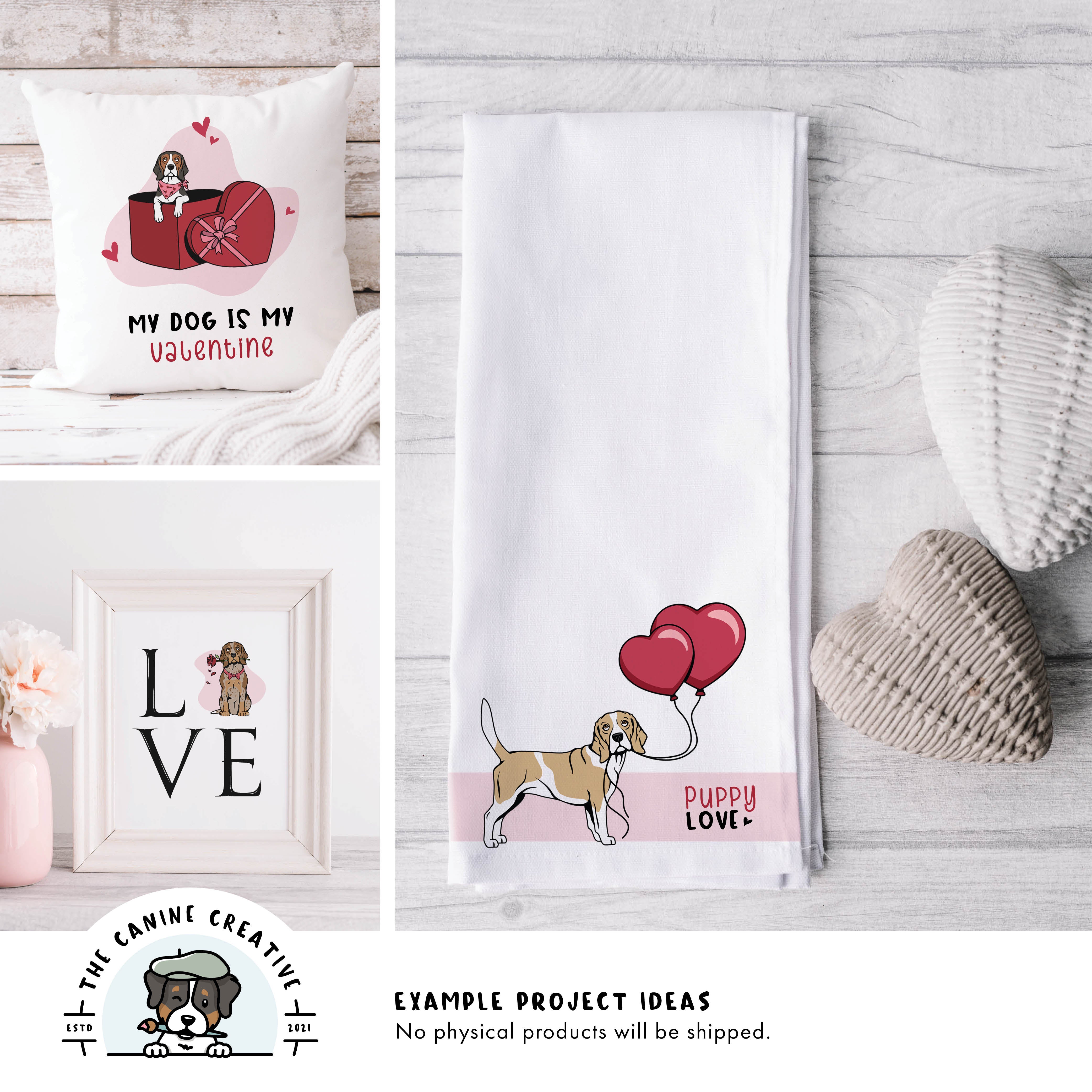 Example project ideas showing designs on a pillow and tea towel and as framed art.