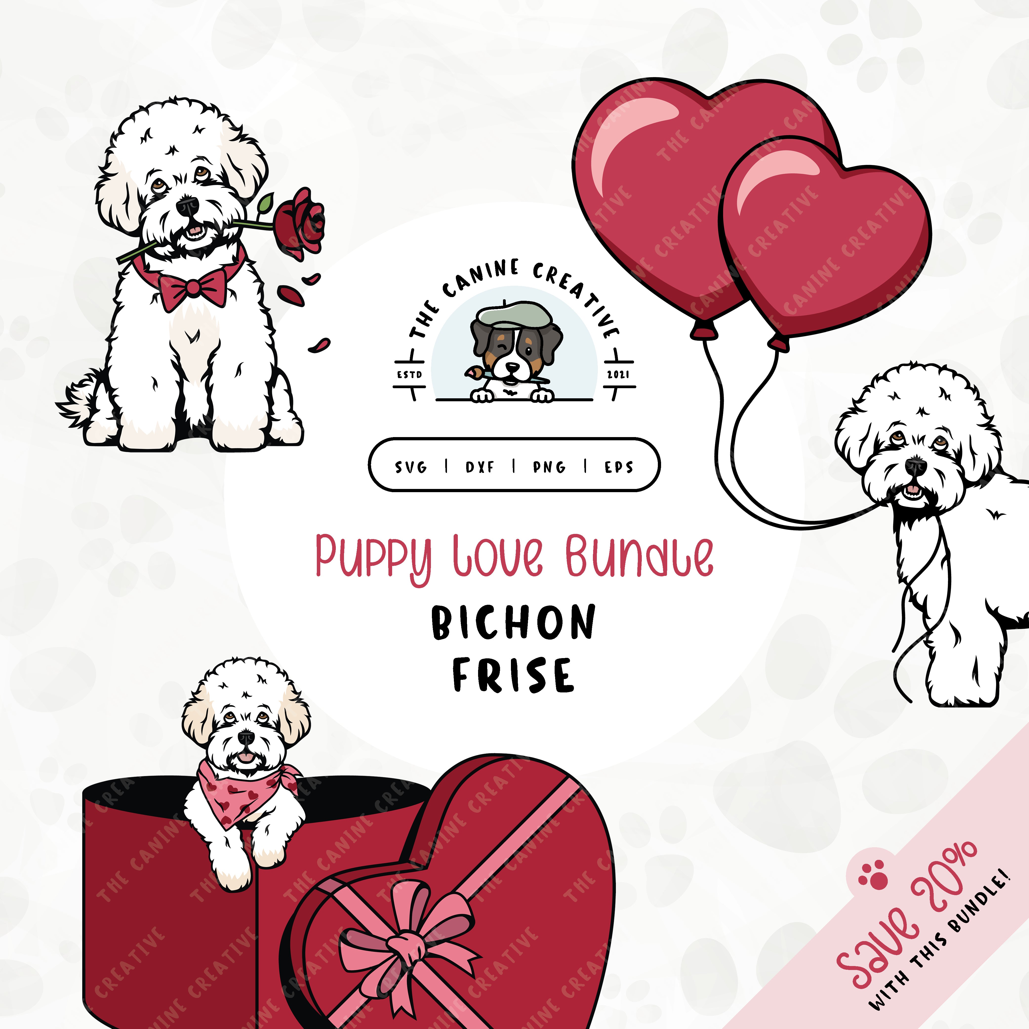 This 3-pack puppy love illustration bundle features Bichons Frises holding heart balloons, peeking out of a heart-shaped box, and holding a rose. File formats include: SVG, DXF, PNG, and EPS.