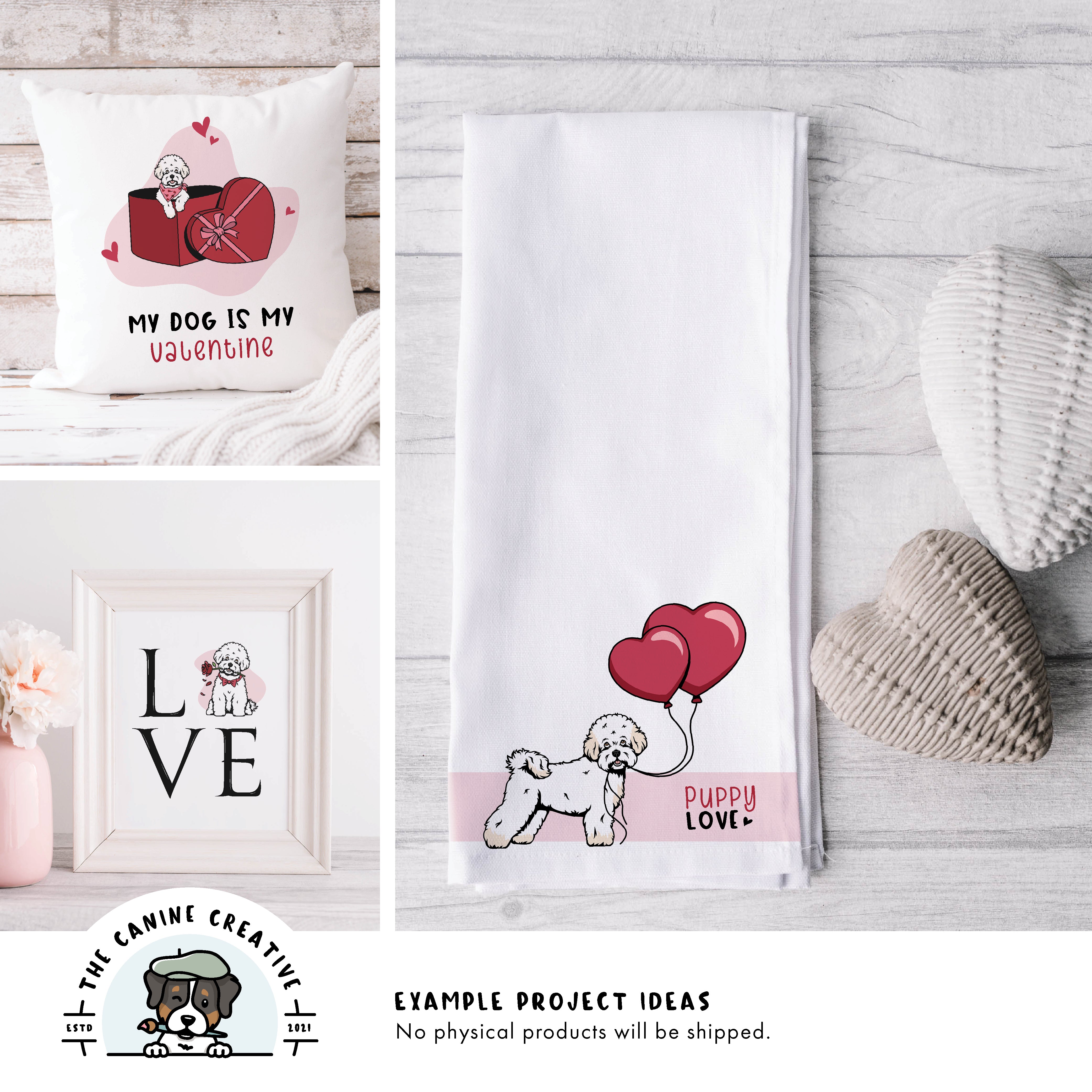 Example project ideas showing designs on a pillow and tea towel and as framed art.