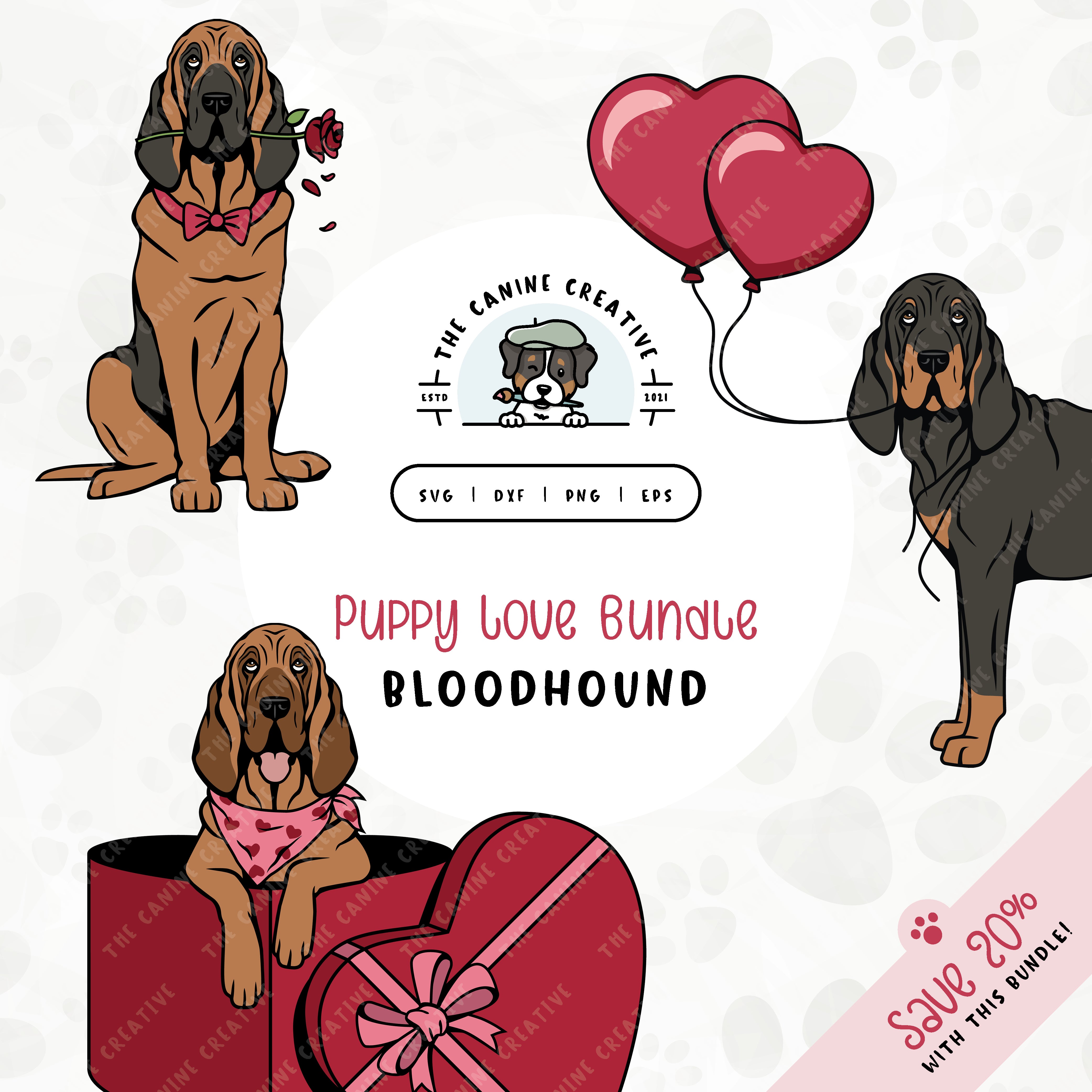 This 3-pack puppy love illustration bundle features Bloodhounds holding heart balloons, peeking out of a heart-shaped box, and holding a rose. File formats include: SVG, DXF, PNG, and EPS.