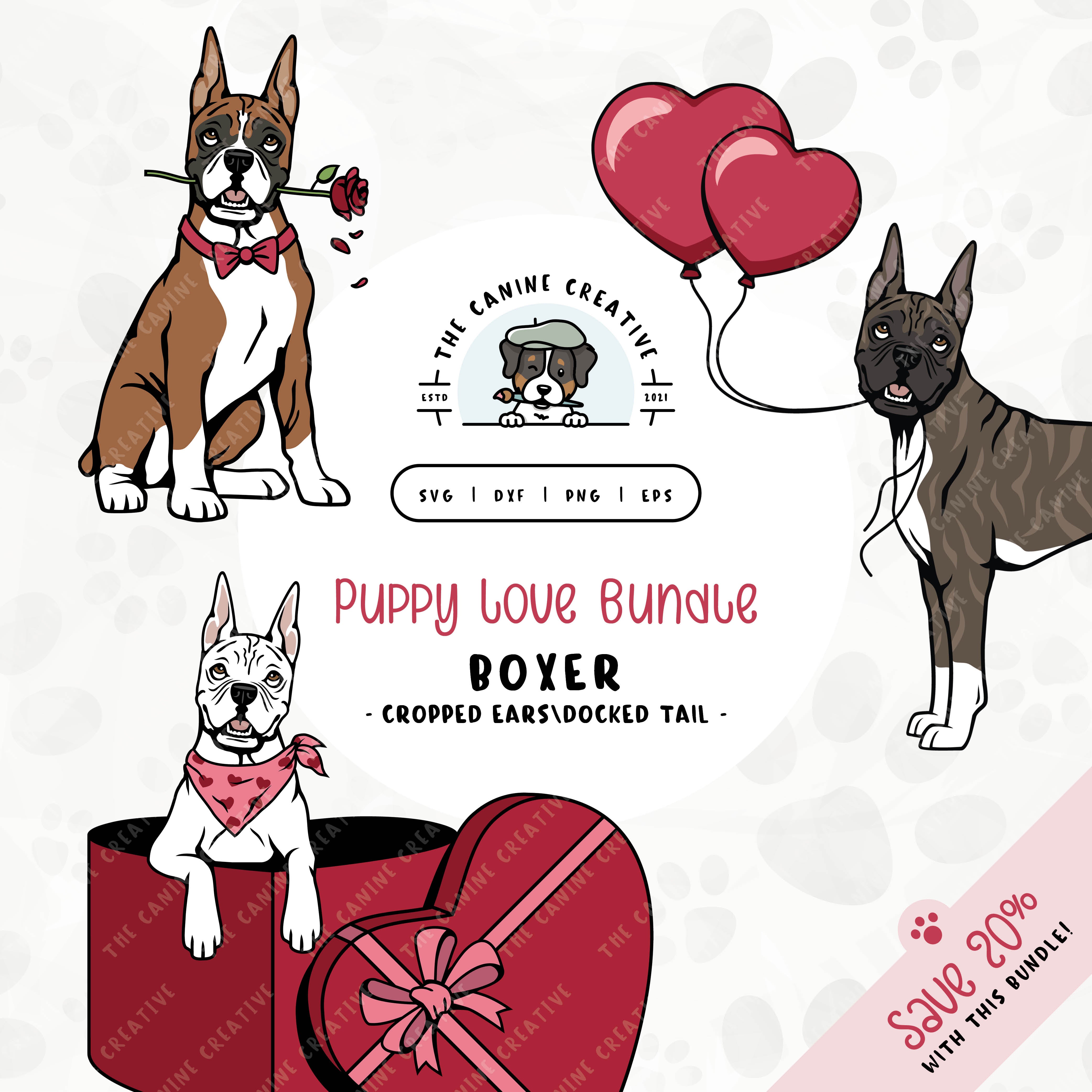 This 3-pack puppy love illustration bundle features Boxer dogs with cropped ears and docked tails holding heart balloons, peeking out of a heart-shaped box, and holding a rose. File formats include: SVG, DXF, PNG, and EPS.