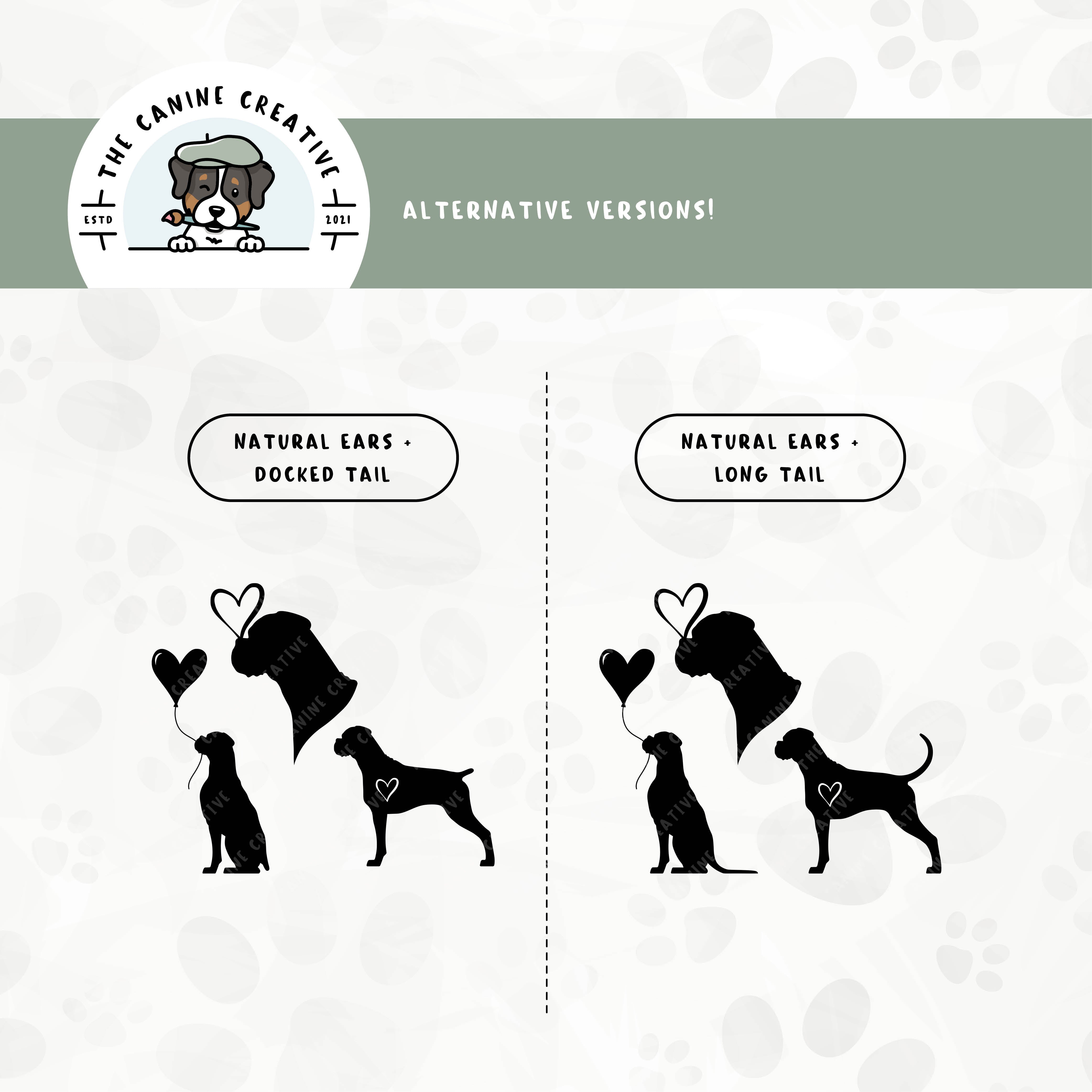 Alternative floppy ear/docked tail or floppy ear/long tail editions are also available for this 3-pack Boxer dog heart silhouette bundle.