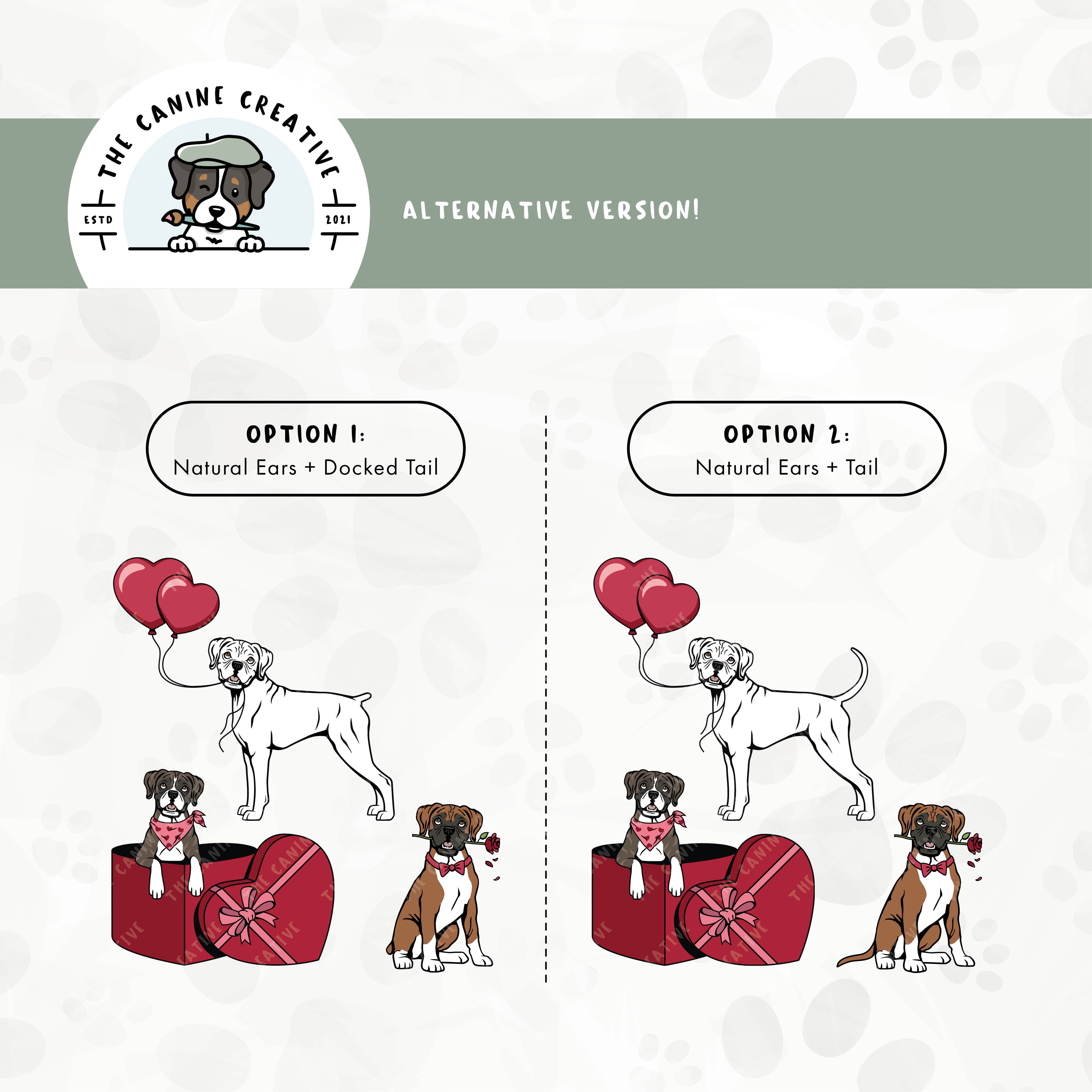 Alternative floppy ear/docked tail or floppy ear/long tail editions are also available for this 3-pack Boxer dog puppy love illustration bundle.