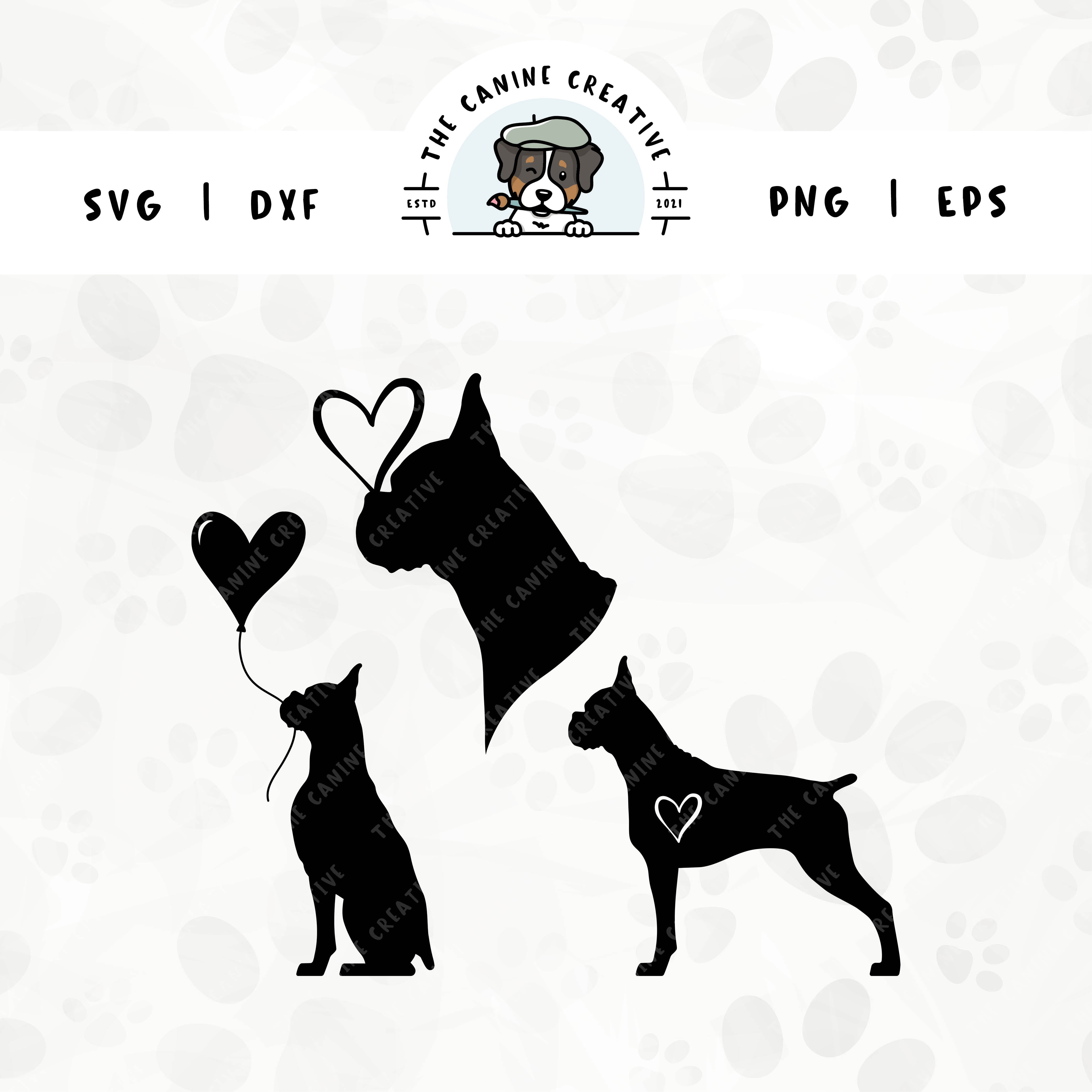This 3-pack Boxer dog silhouette bundle (cropped ear/docked tail edition) features a head portrait of a dog with a heart perched atop it’s nose, a sitting dog holding a heart balloon, and a standing profile of a dog with a heart inset. File formats include: SVG, DXF, PNG, and EPS.