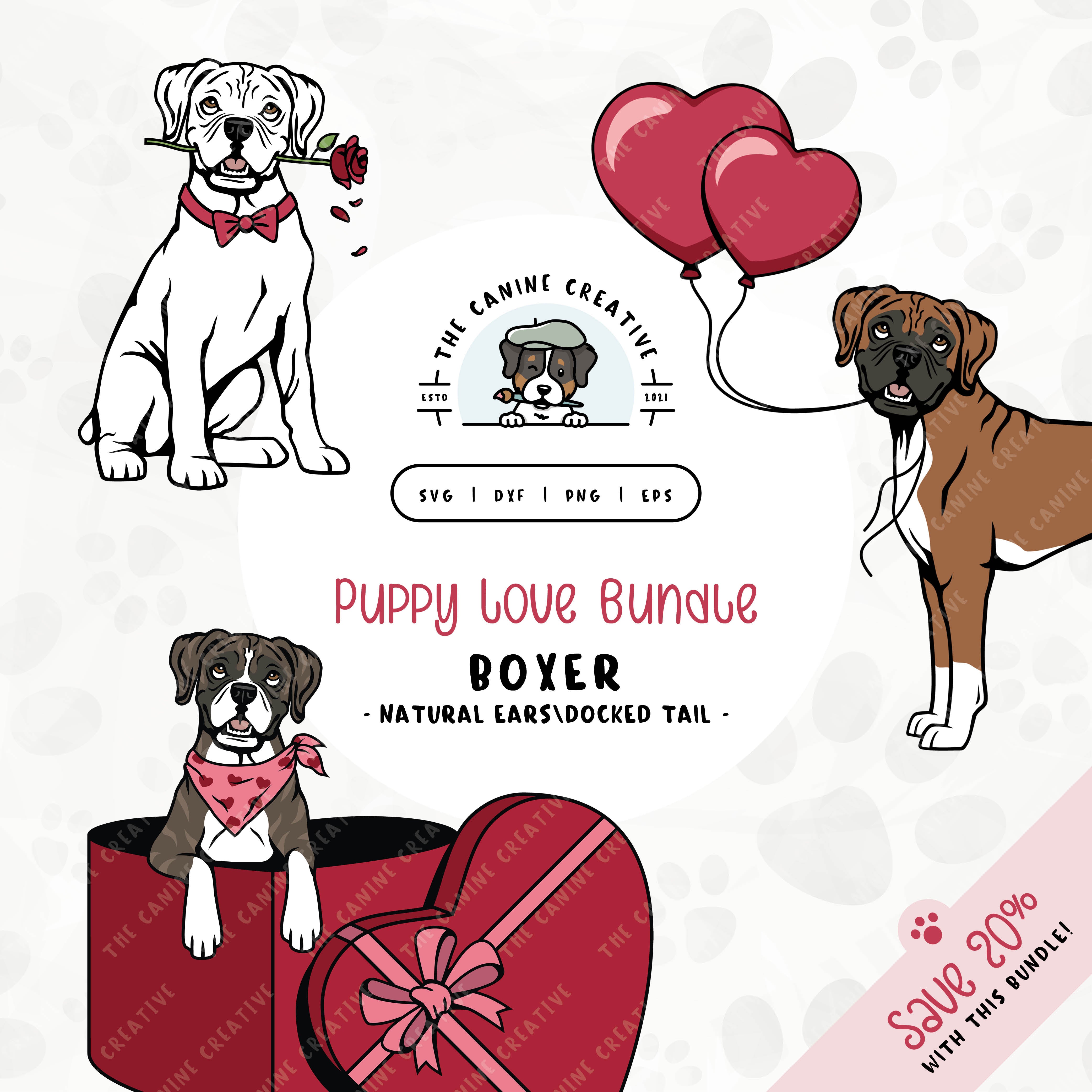 This 3-pack puppy love illustration bundle features Boxer dogs with floppy ears and docked tails holding heart balloons, peeking out of a heart-shaped box, and holding a rose. File formats include: SVG, DXF, PNG, and EPS.