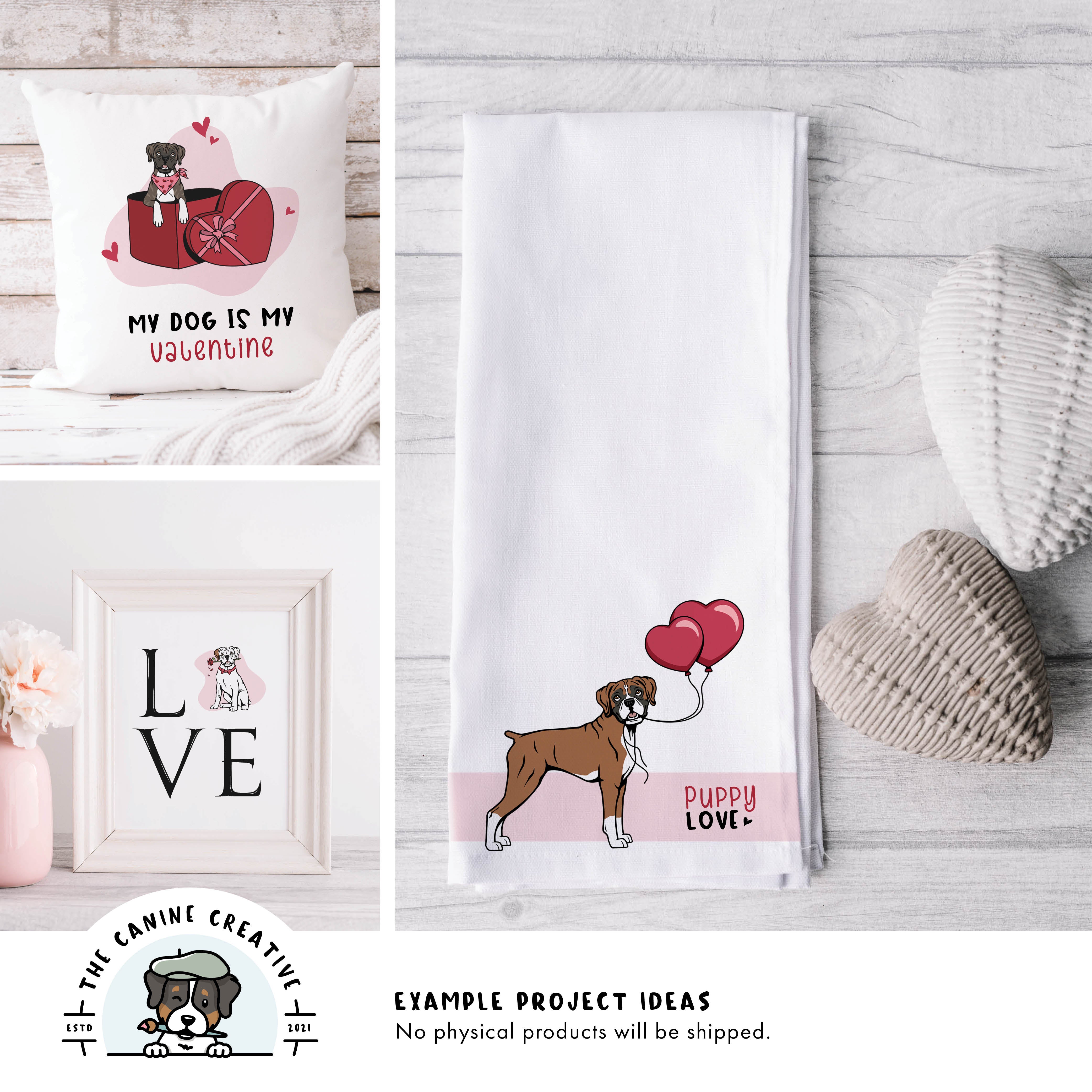 Example project ideas showing designs on a pillow and tea towel and as framed art.