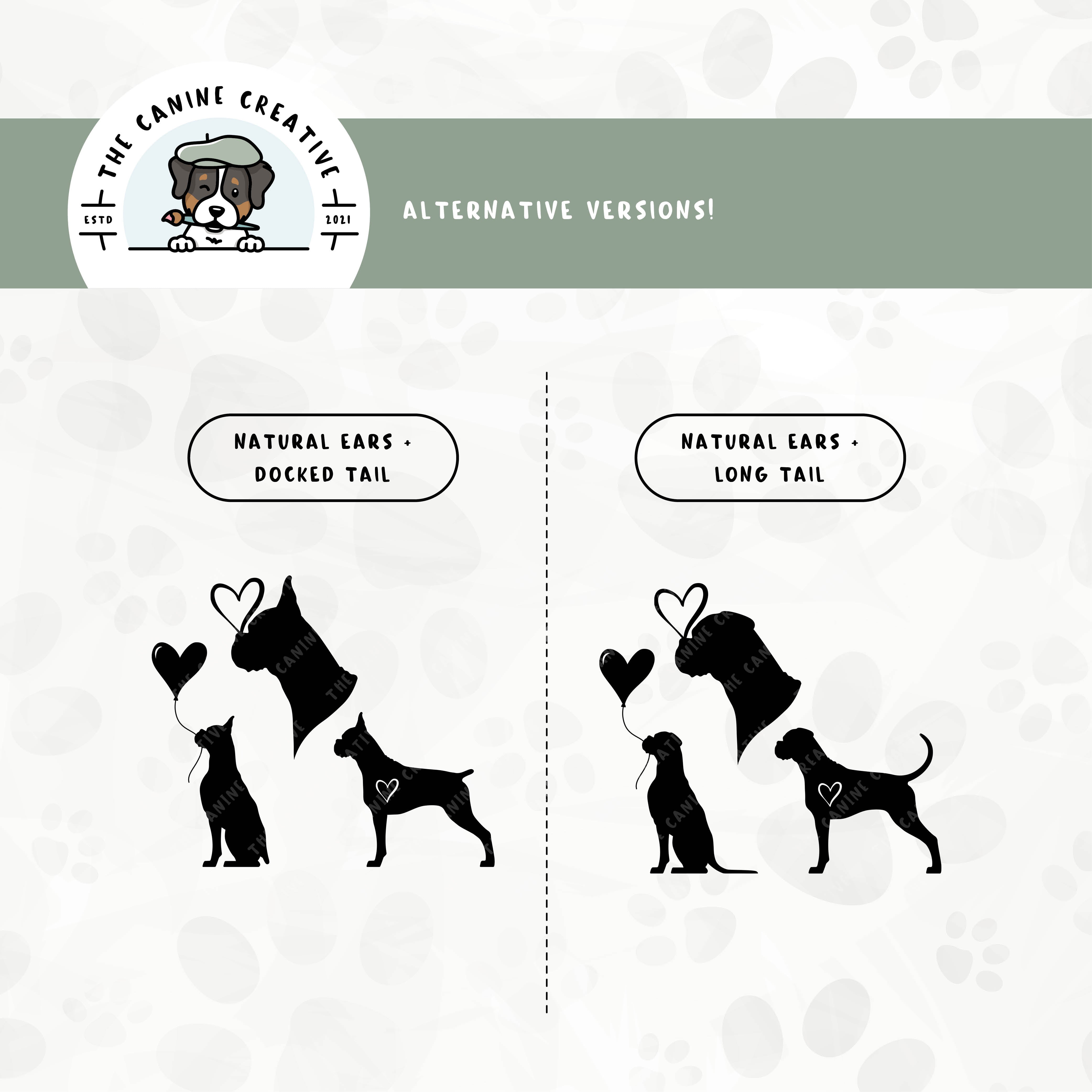 Alternative cropped ear/docked tail or floppy ear/tail editions are also available for this 3-pack Boxer dog heart silhouette bundle.