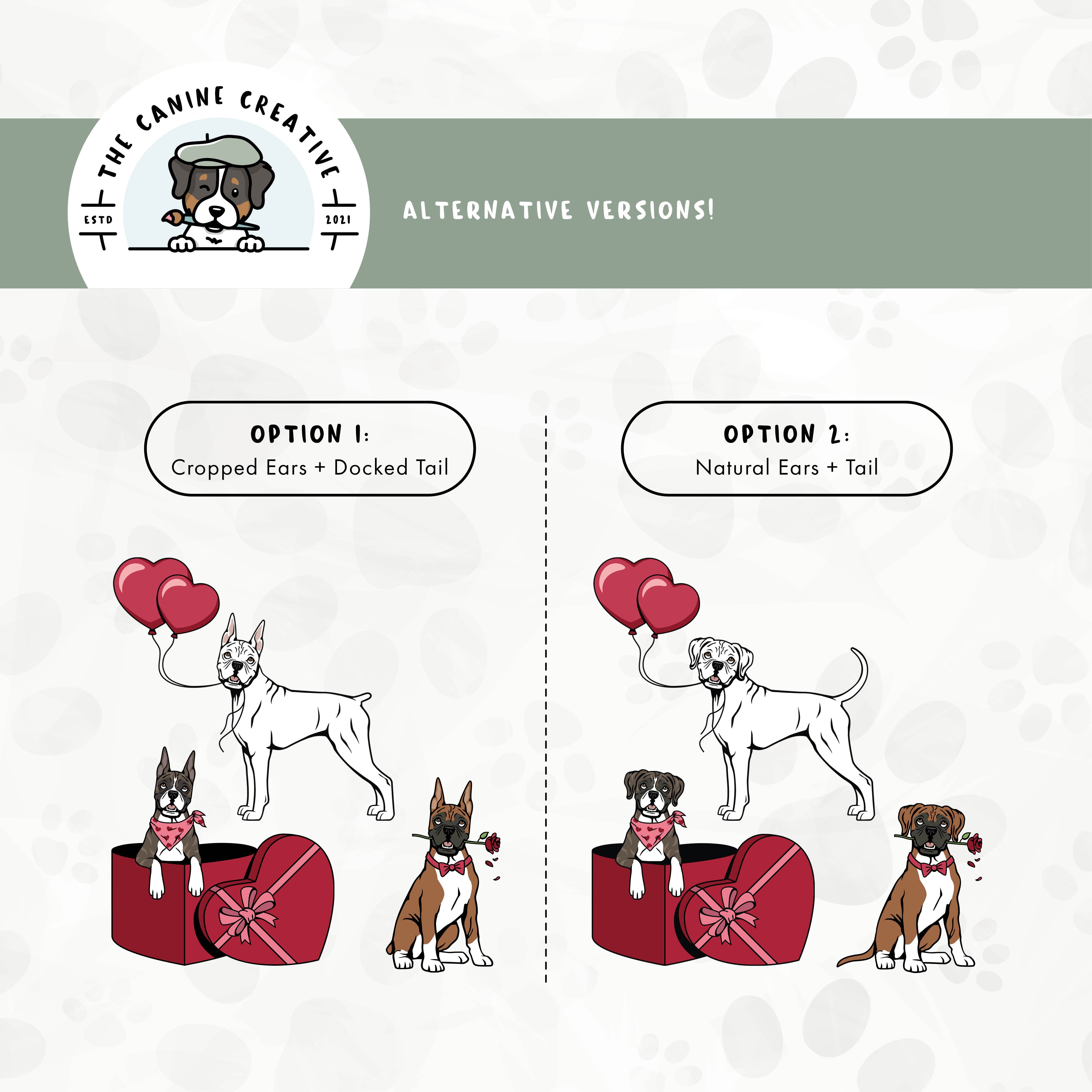 Alternative cropped ear/docked tail or floppy ear/long tail editions are also available for this 3-pack Boxer dog puppy love illustration bundle.