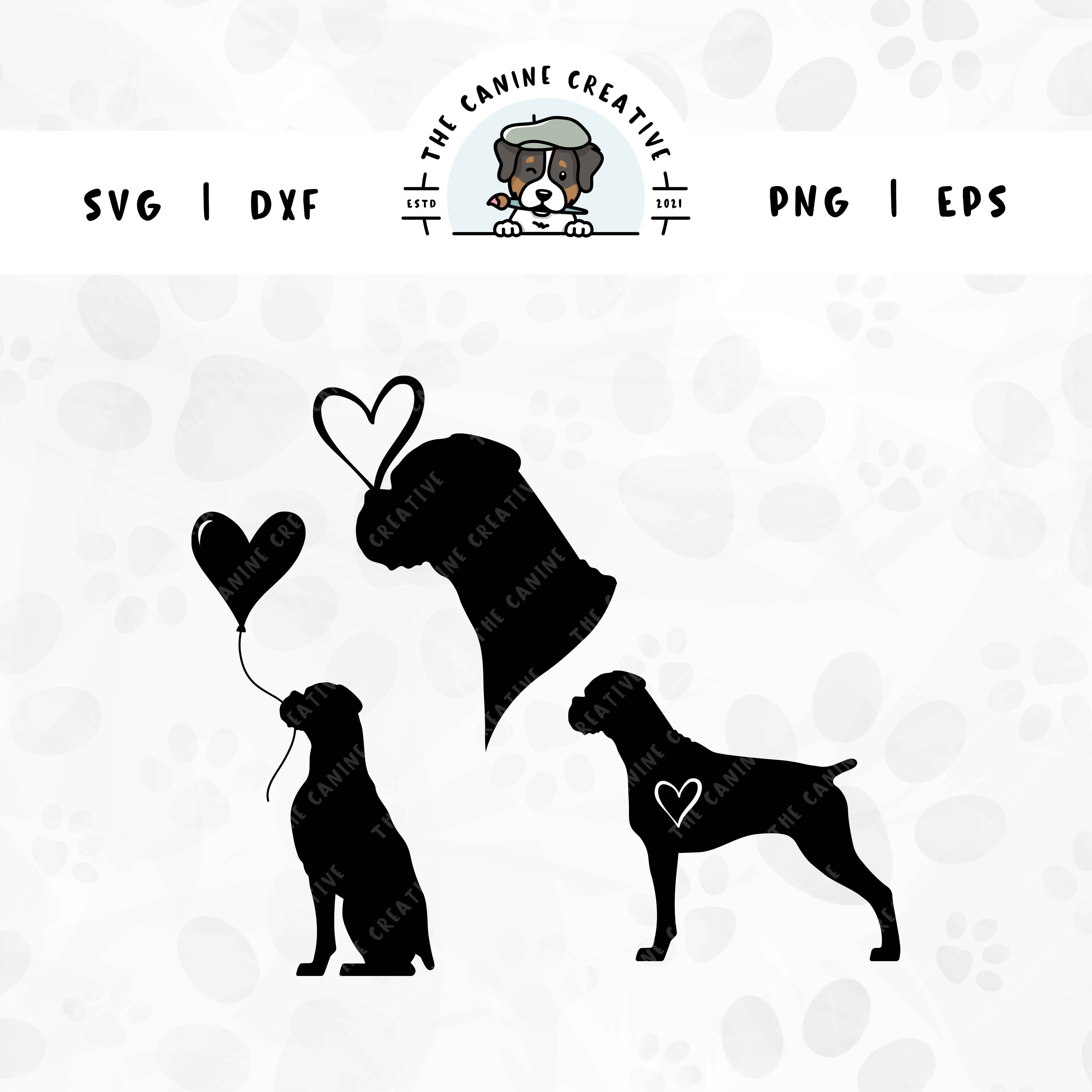 This 3-pack Boxer dog silhouette bundle (floppy ear/docked tail edition) features a head portrait of a dog with a heart perched atop it’s nose, a sitting dog holding a heart balloon, and a standing profile of a dog with a heart inset. File formats include: SVG, DXF, PNG, and EPS.