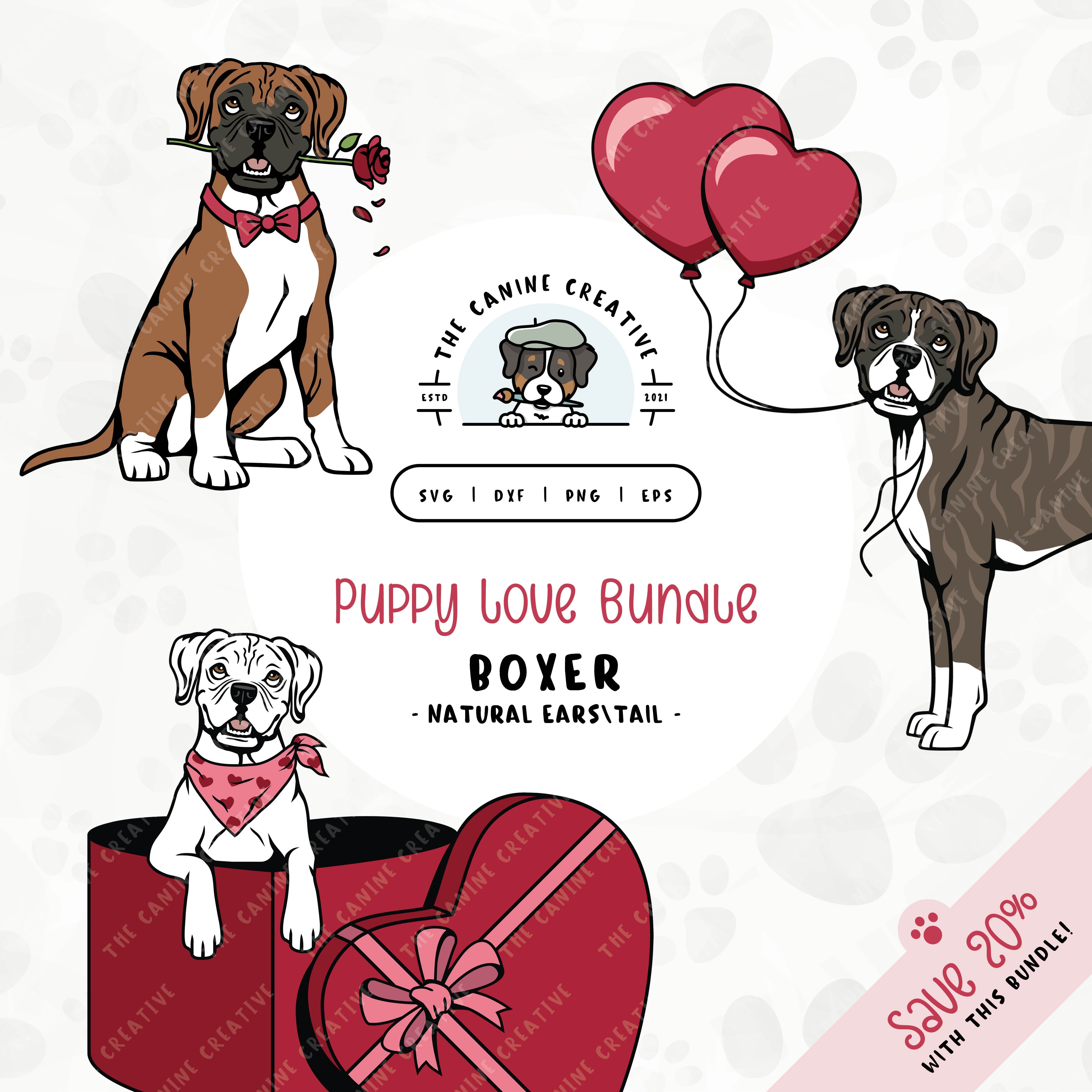 This 3-pack puppy love illustration bundle features Boxer dogs with floppy ears and long tails holding heart balloons, peeking out of a heart-shaped box, and holding a rose. File formats include: SVG, DXF, PNG, and EPS.
