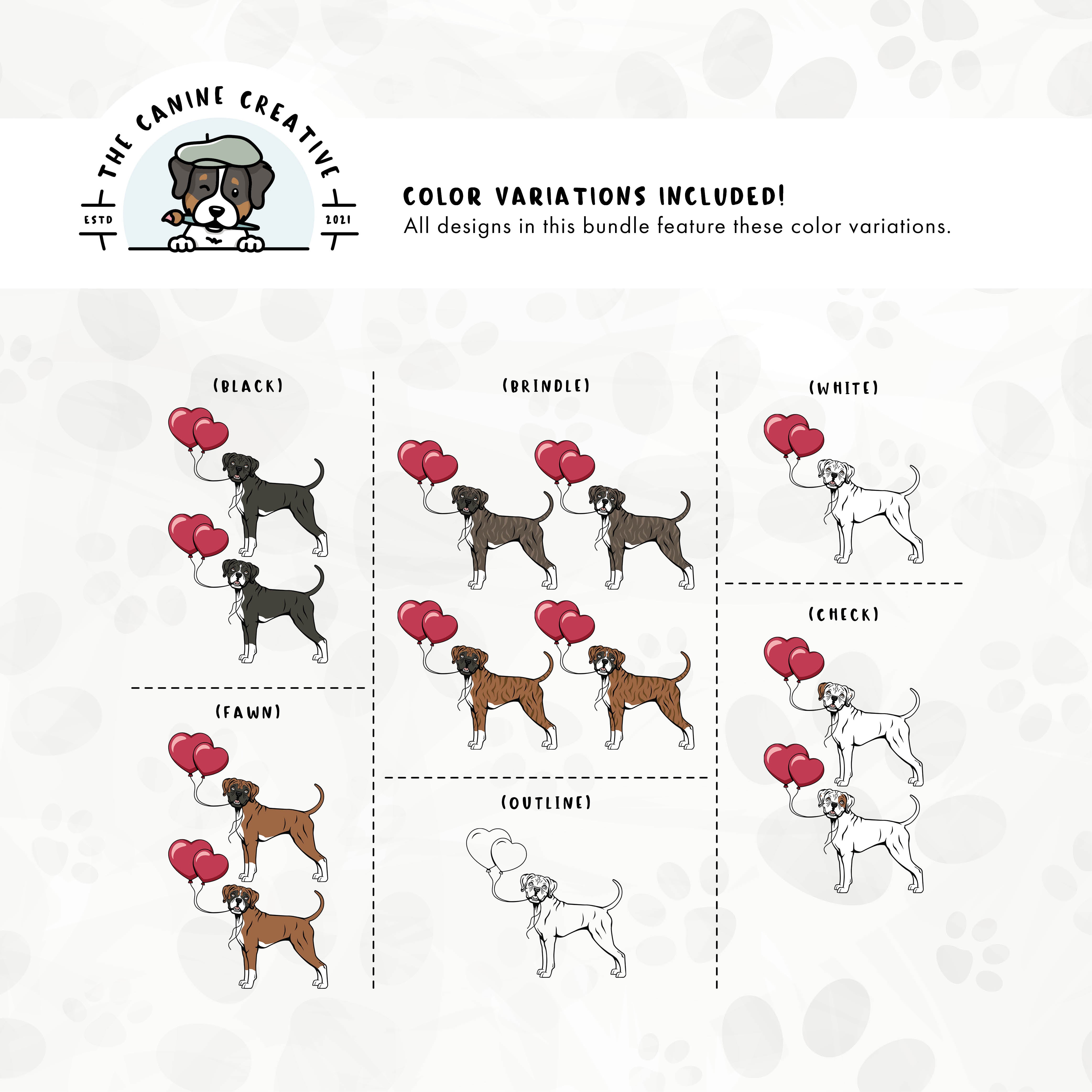 Dog color variations for this Boxer dog design set includes common color and marking variations found in this breed (white, fawn, black, brindle, flashy, classic, and check), as well as an outline option.