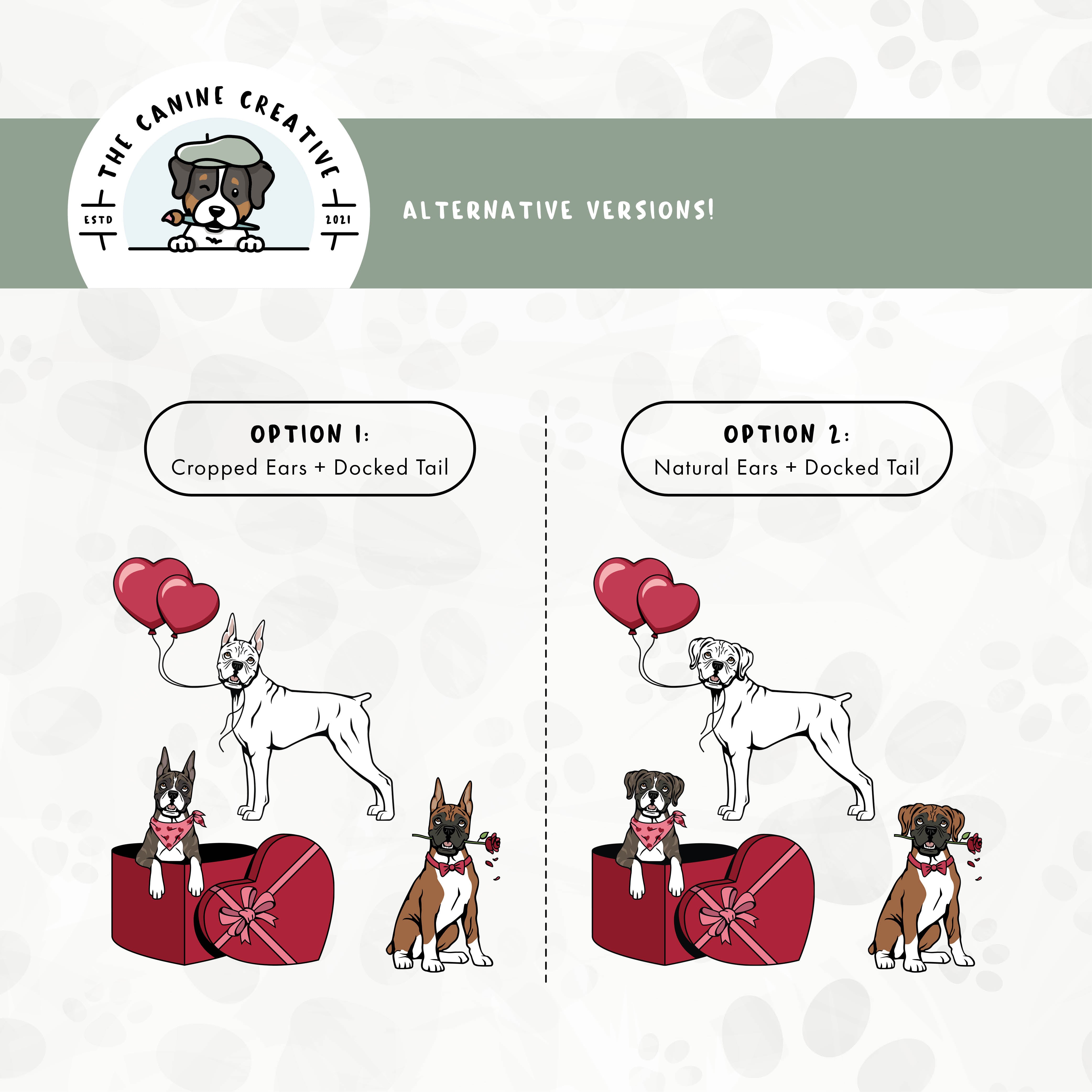 Alternative cropped ear/docked tail or floppy ear/docked tail editions are also available for this 3-pack Boxer dog puppy love illustration bundle.