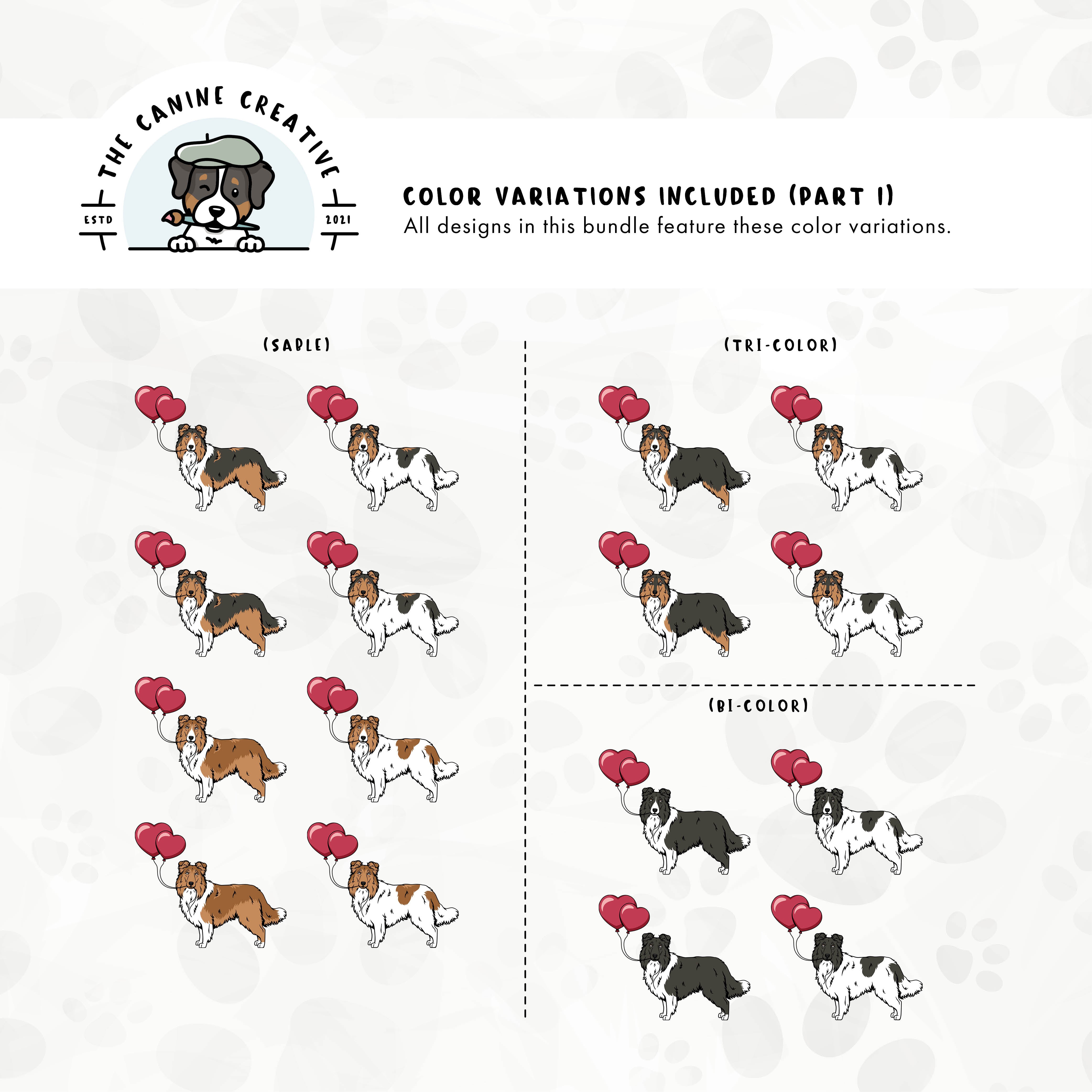 Part 1 of dog color variations for this Rough Collie/Sheltie design bundle includes bi-black, sable, and tri-color in standard and white-factored markings.