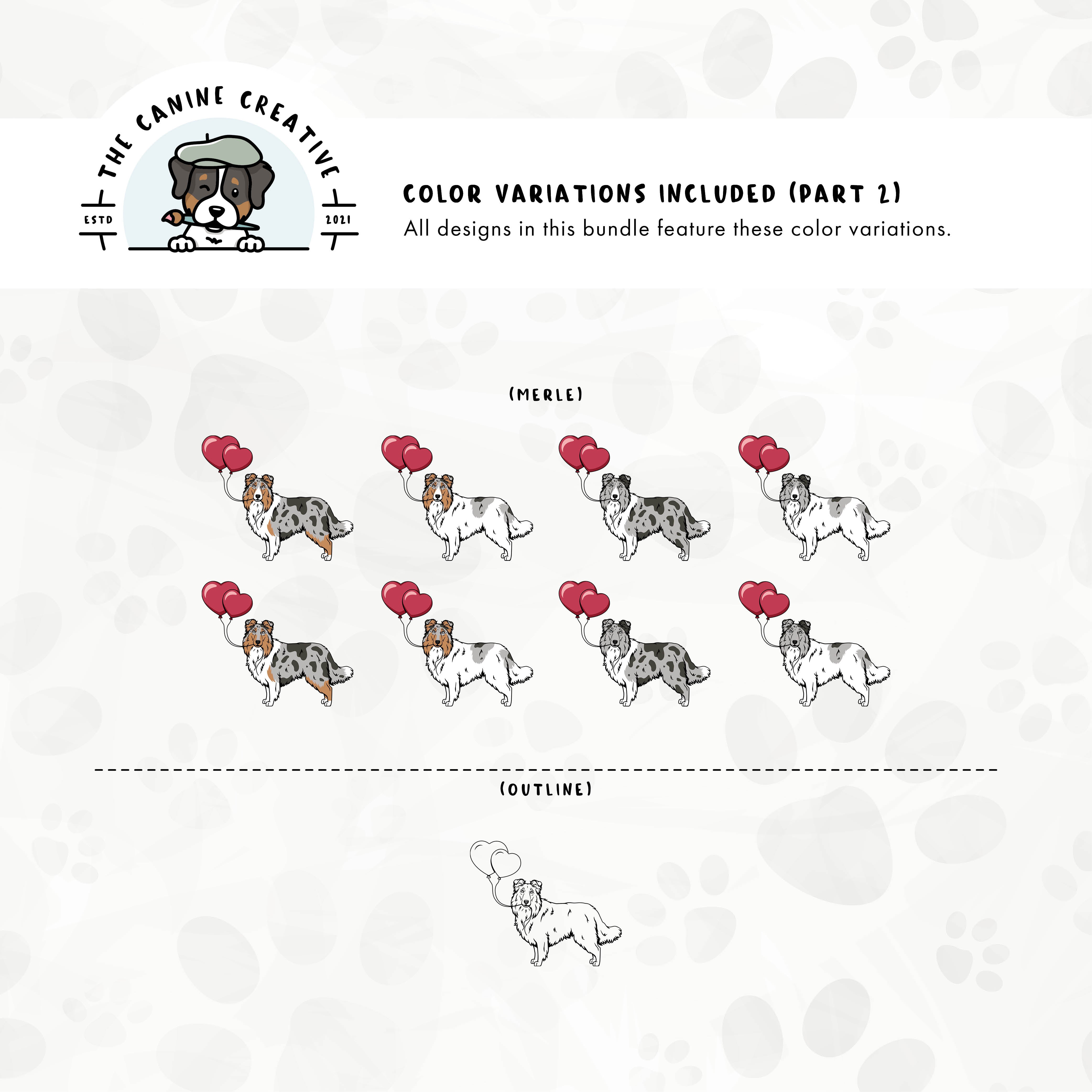 Part 2 of dog color variations for this Rough Collie/Sheltie design bundle includes bi-blue and merle in standard and white-factored markings as well as an outline version.