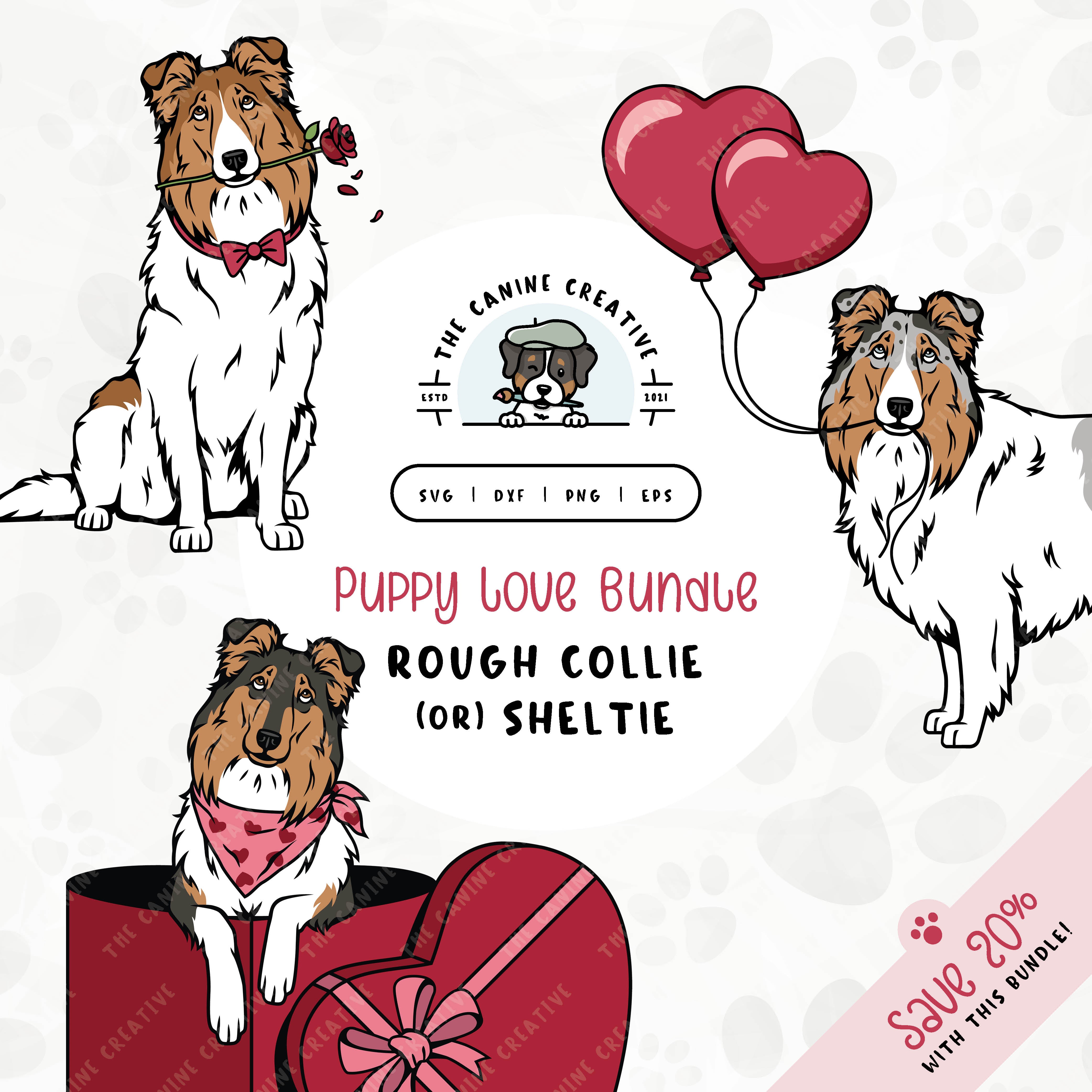 This 3-pack puppy love illustration bundle features Rough Collies/Shetland Sheepdogs holding heart balloons, peeking out of a heart-shaped box, and holding a rose. File formats include: SVG, DXF, PNG, and EPS.