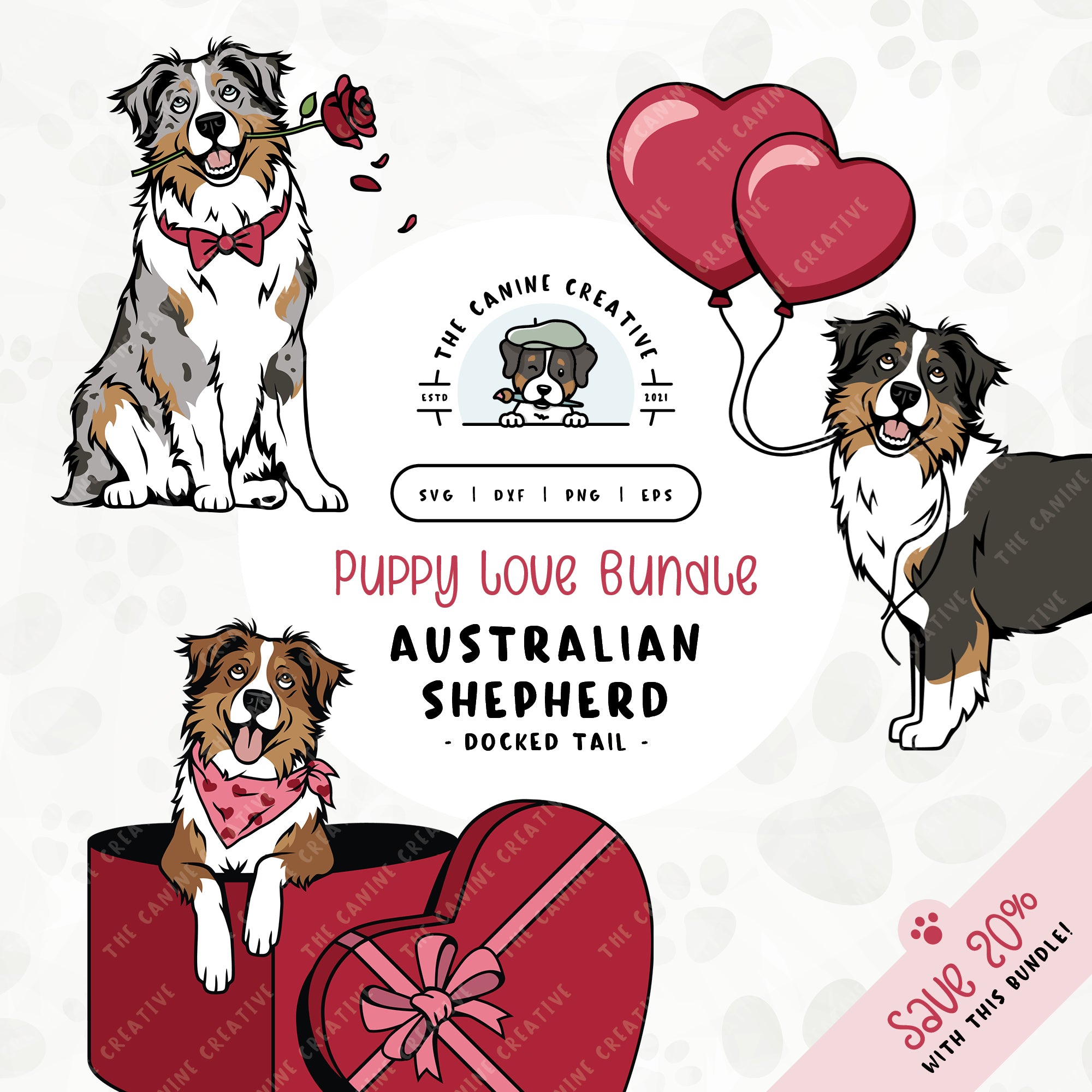 This 3-pack puppy love illustration bundle features Australian Shepherds with docked tails holding heart balloons, peeking out of a heart-shaped box, and holding a rose. File formats include: SVG, DXF, PNG, and EPS.