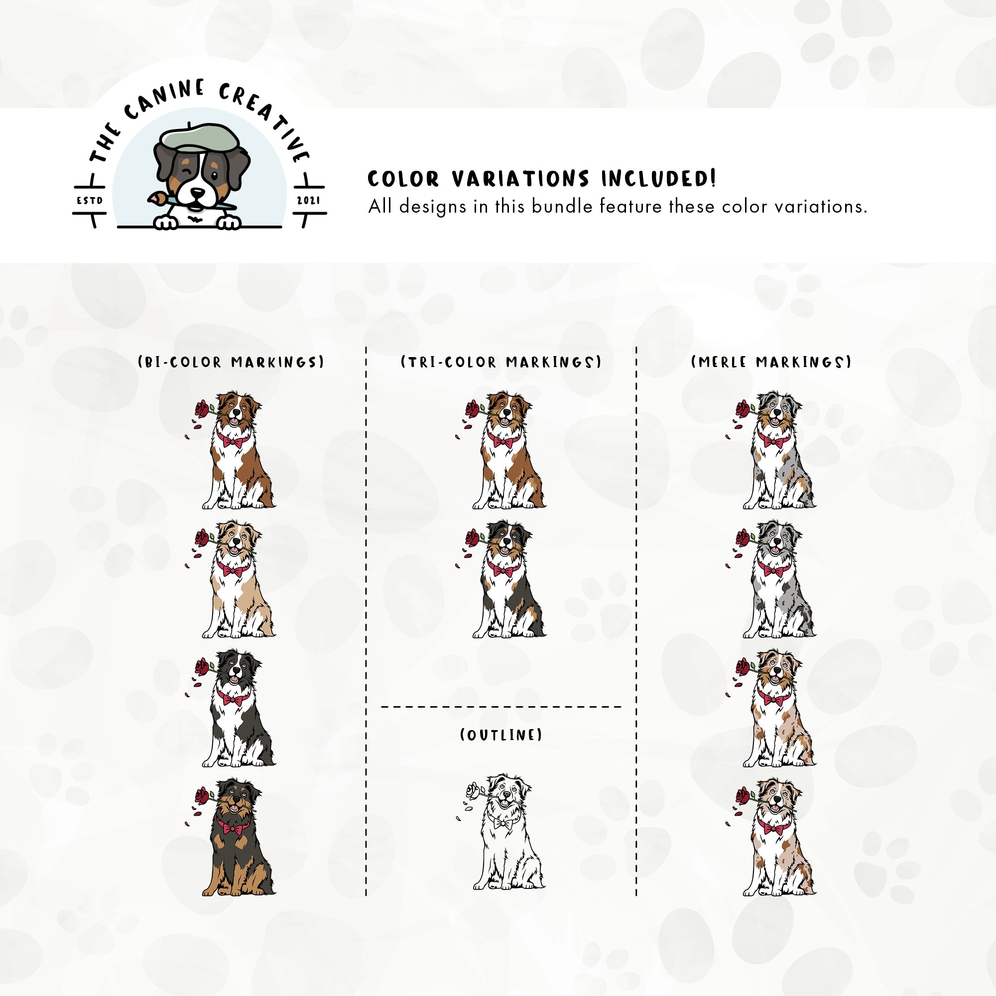 Dog color variations for this design set includes common color and marking variations found in Aussies (bi, tri, and Merle), as well as an outline option. 