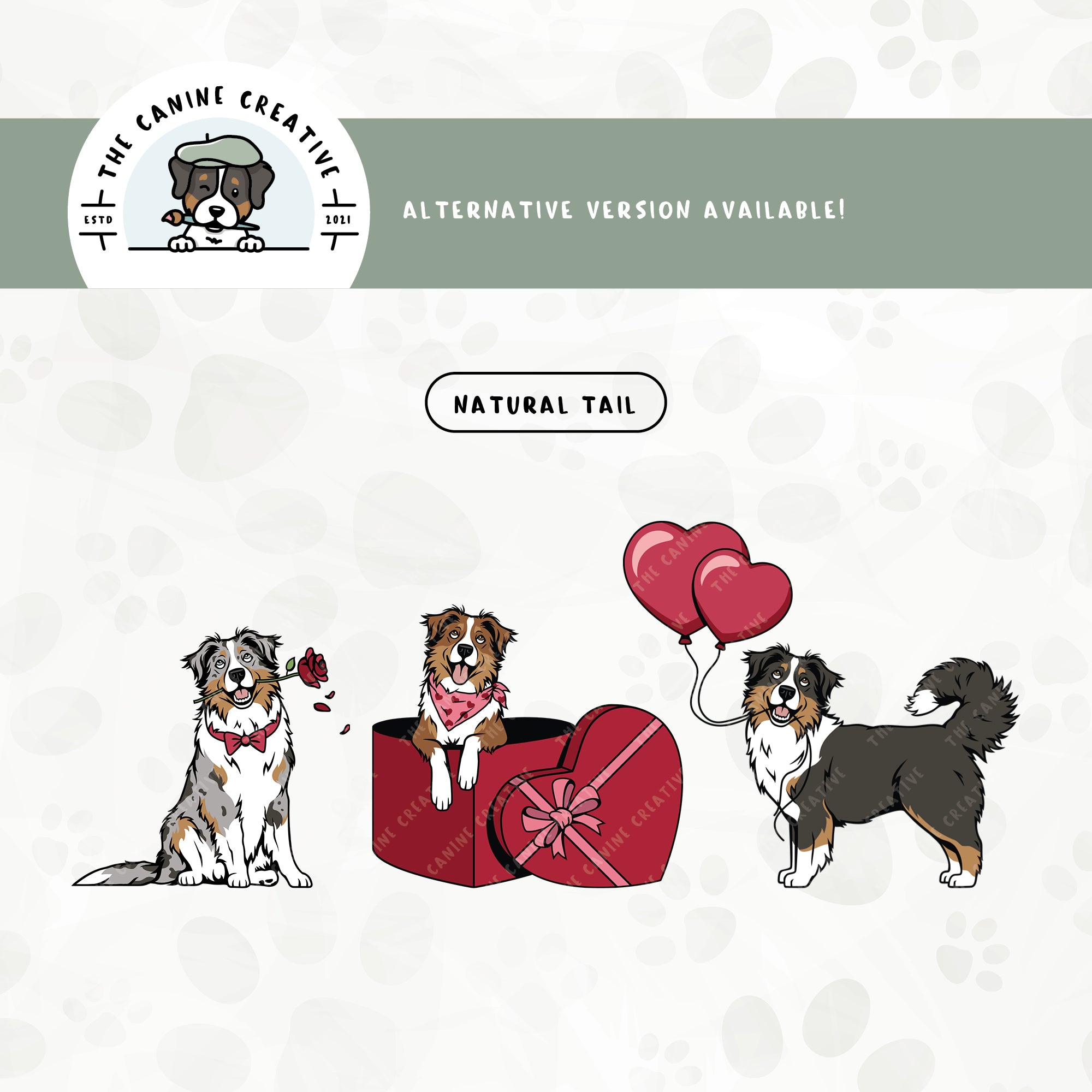 A long tail version is also available for this 3-pack Australian Shepherd puppy love illustration bundle.