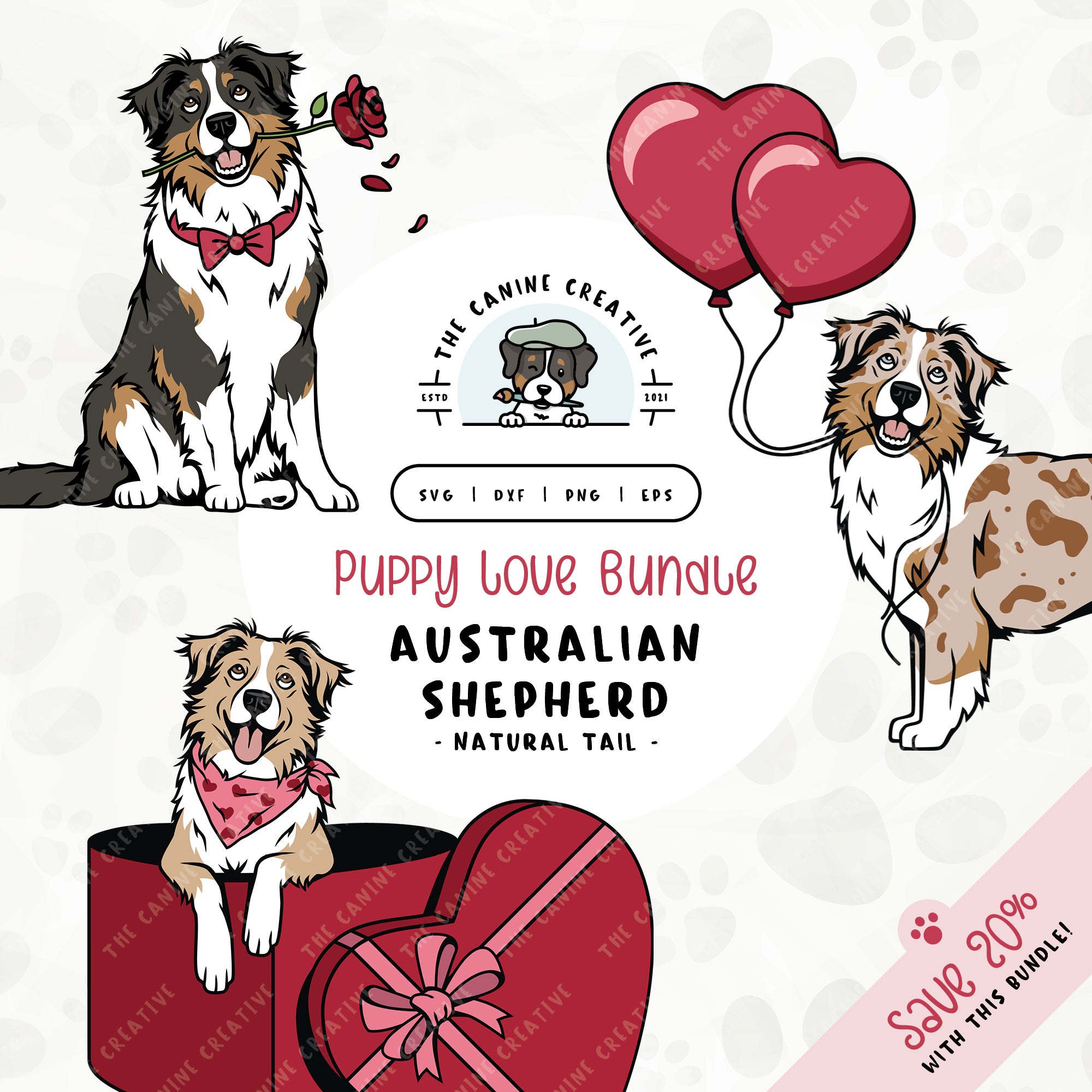This 3-pack puppy love illustration bundle features Australian Shepherds with long tails holding heart balloons, peeking out of a heart-shaped box, and holding a rose. File formats include: SVG, DXF, PNG, and EPS.