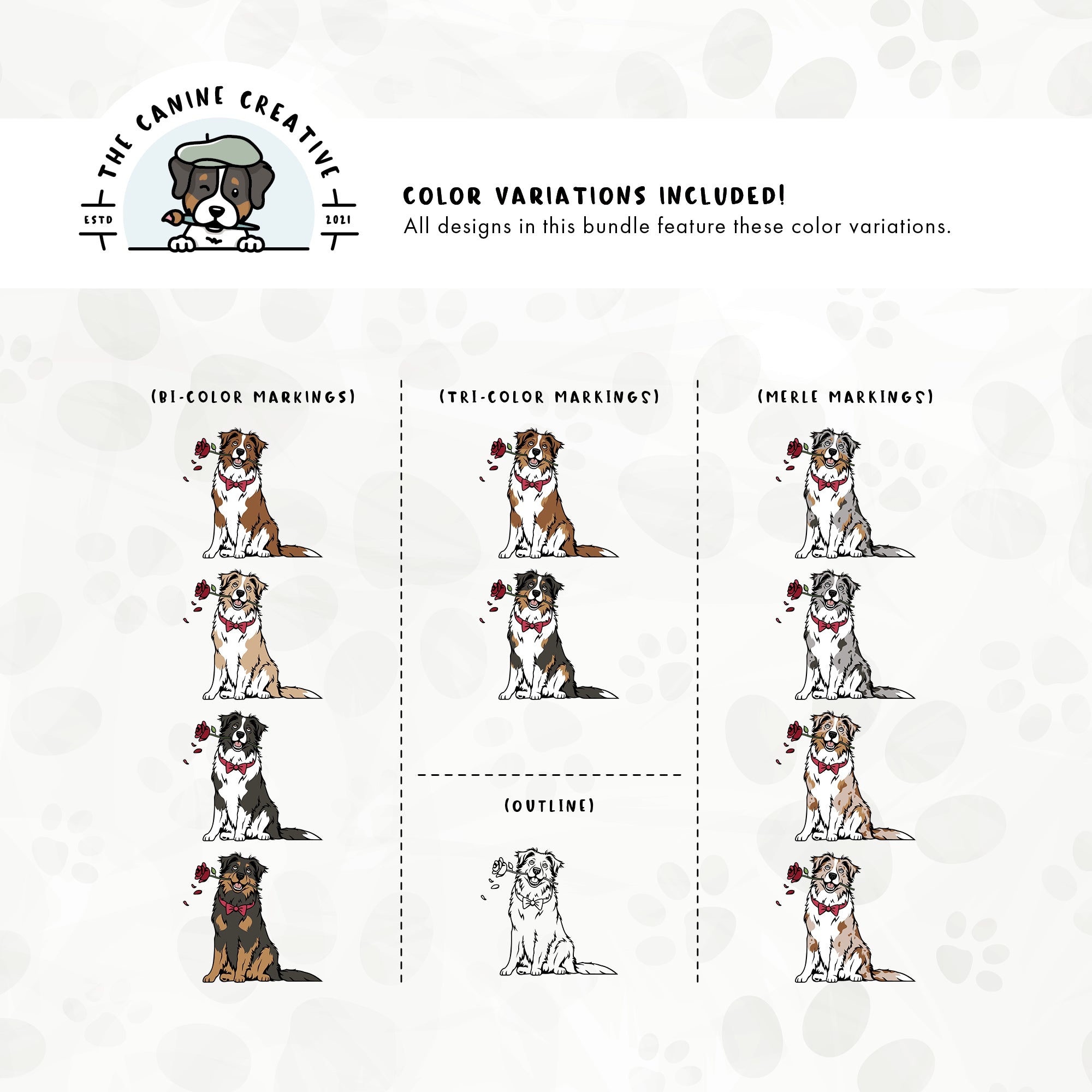 Dog color variations for this design set includes common color and marking variations found in Aussies (bi, tri, and Merle), as well as an outline option. 