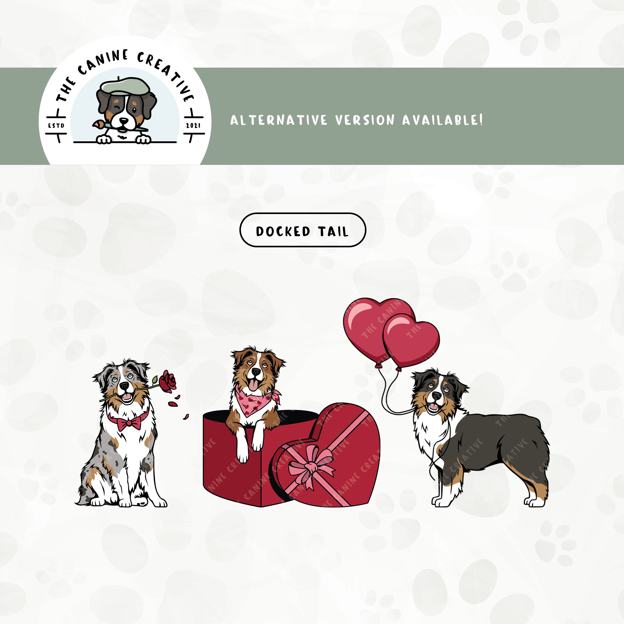 A docked tail version is also available for this 3-pack Australian Shepherd puppy love illustration bundle.