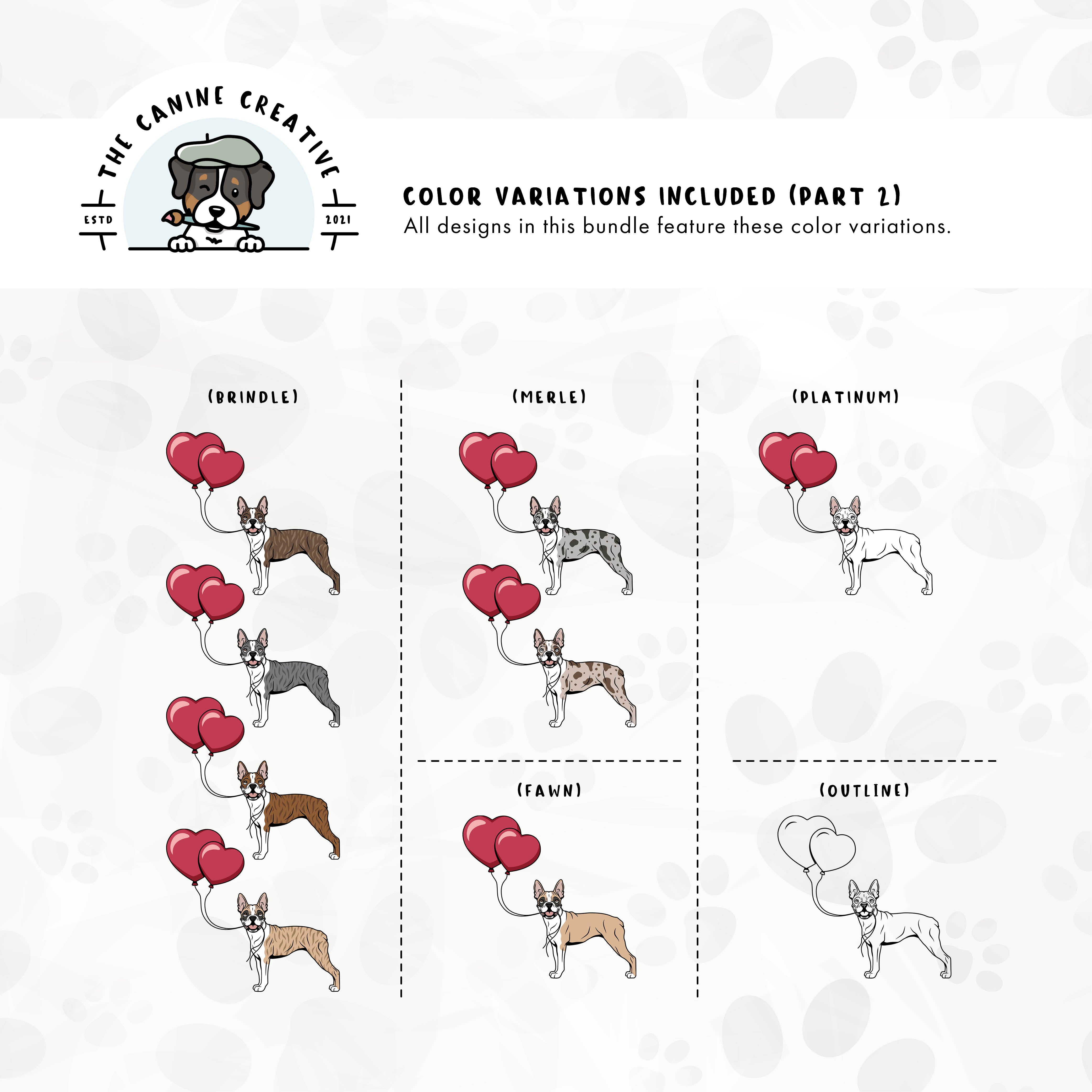 Part 2 of dog color variations for this Boston design set includes brindle, merle, fawn, and platinum colors, as well as an outline version.