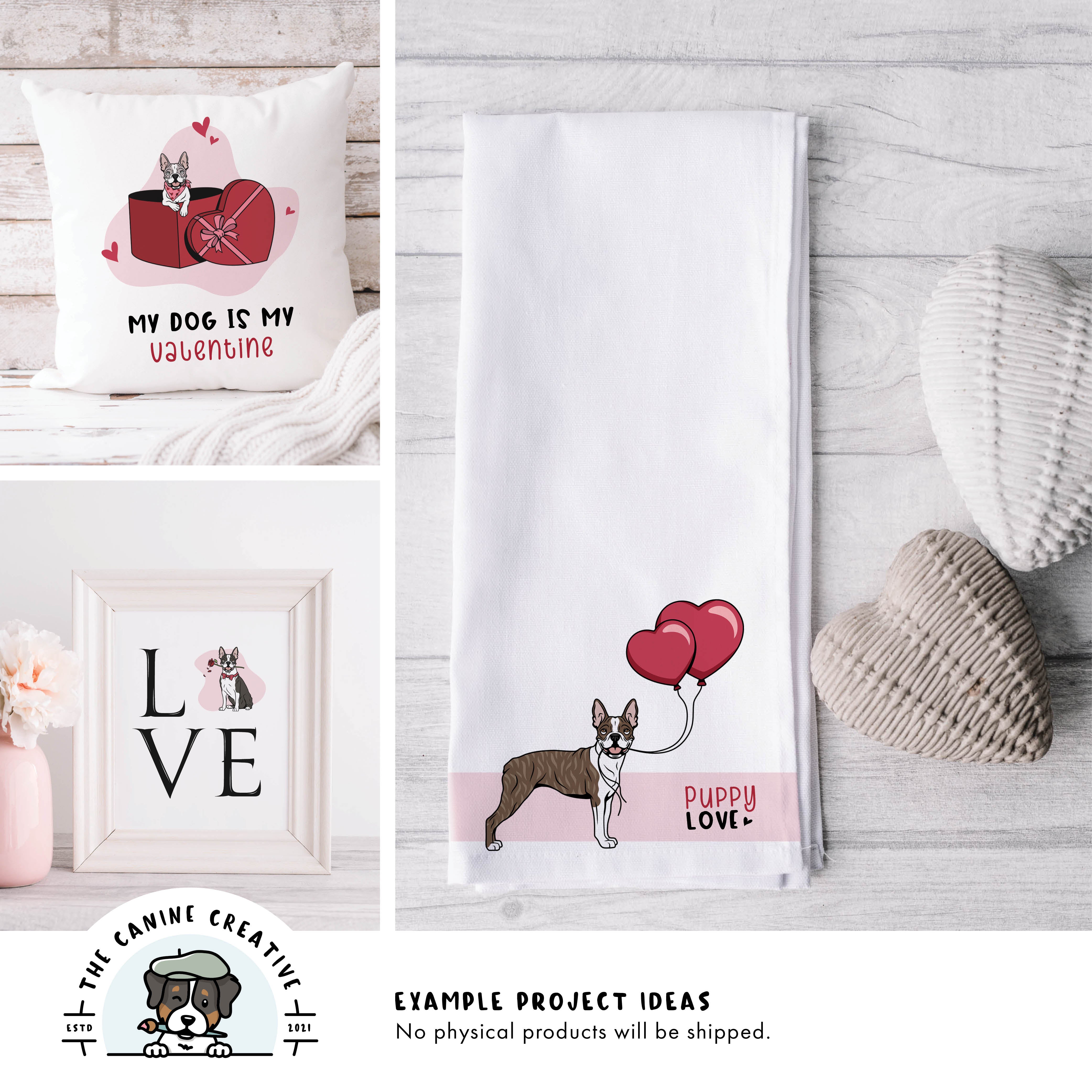 Example project ideas showing designs on a pillow and tea towel and as framed art.