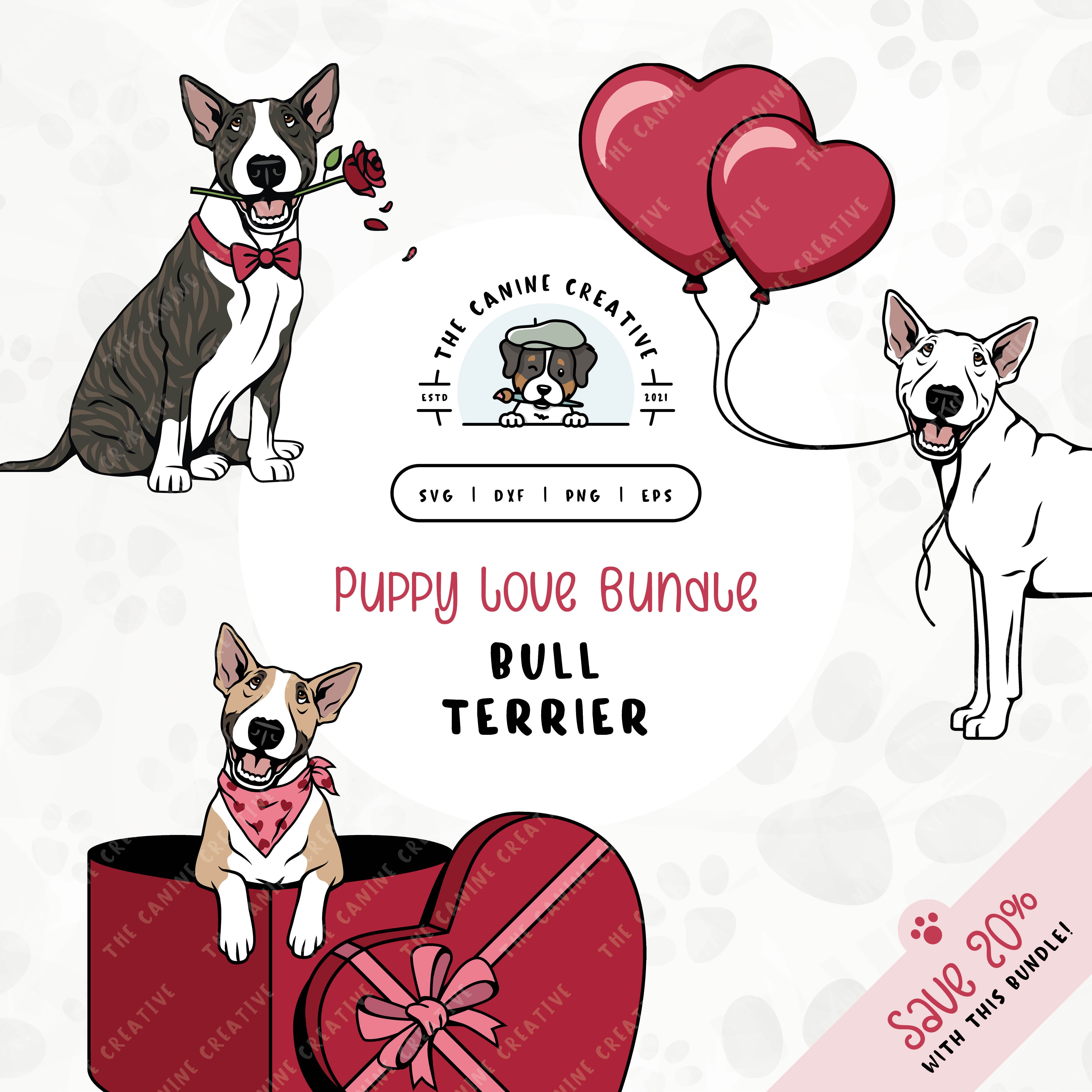 This 3-pack puppy love illustration bundle features Bull Terriers holding heart balloons, peeking out of a heart-shaped box, and holding a rose. File formats include: SVG, DXF, PNG, and EPS.