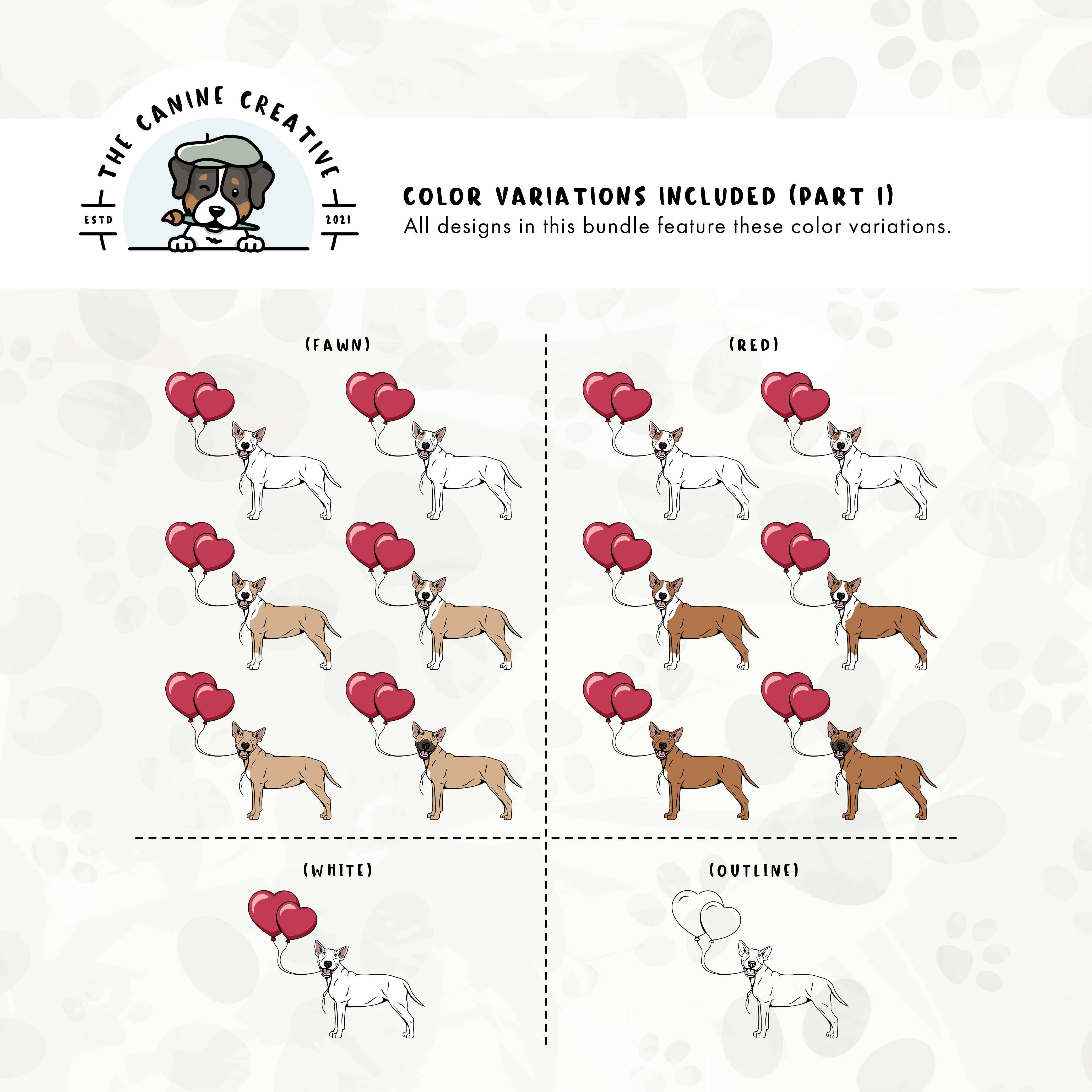 Part 1 of dog color variations for this design set includes common color and marking variations found in this Bully breed (white, bi-color, and smut), as well as an outline option.an outline option.