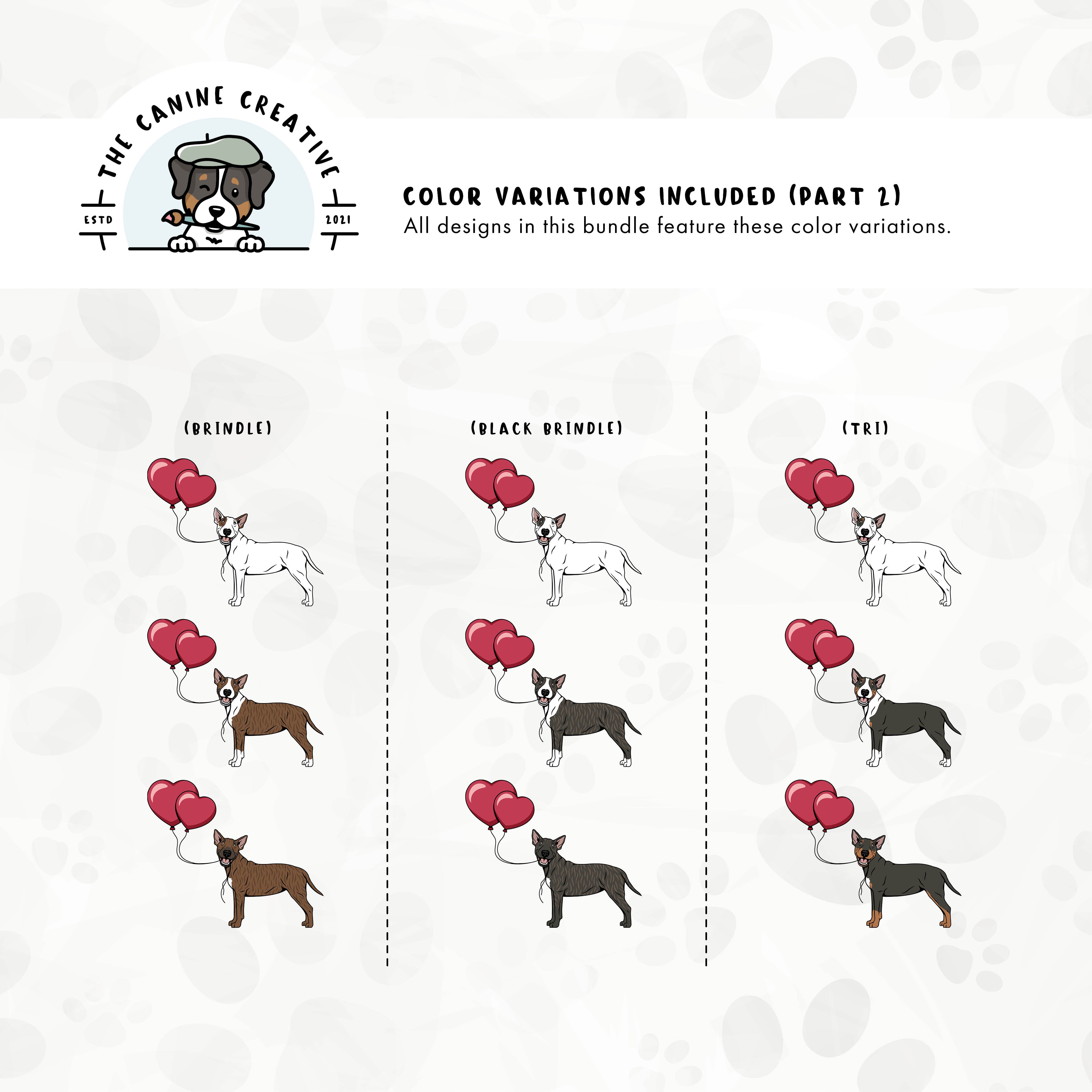 Part 2 of dog color variations for this design set includes common color and marking variations found in this Bully breed (brindle and tri-color).
