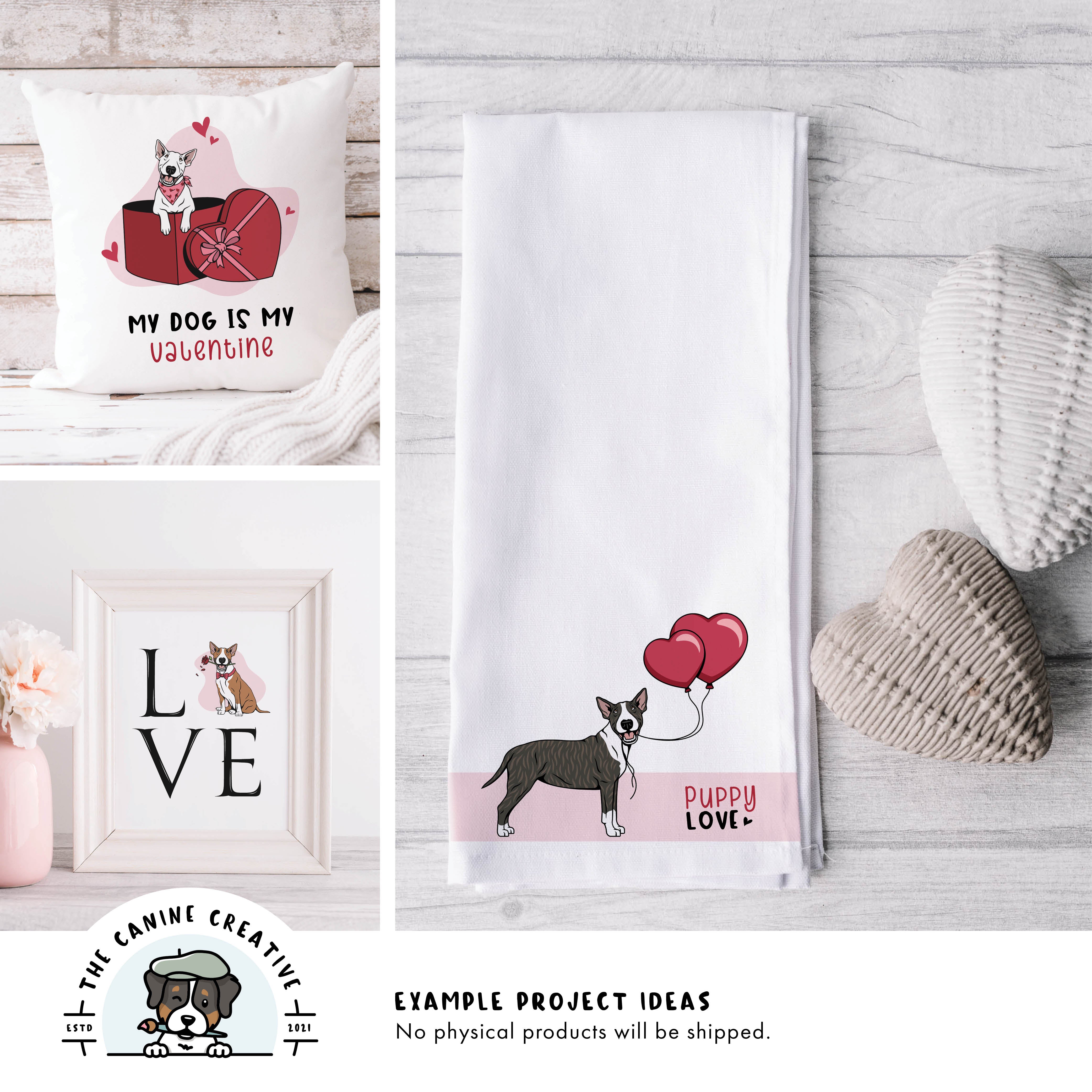 Example project ideas showing designs on a pillow and tea towel and as framed art.