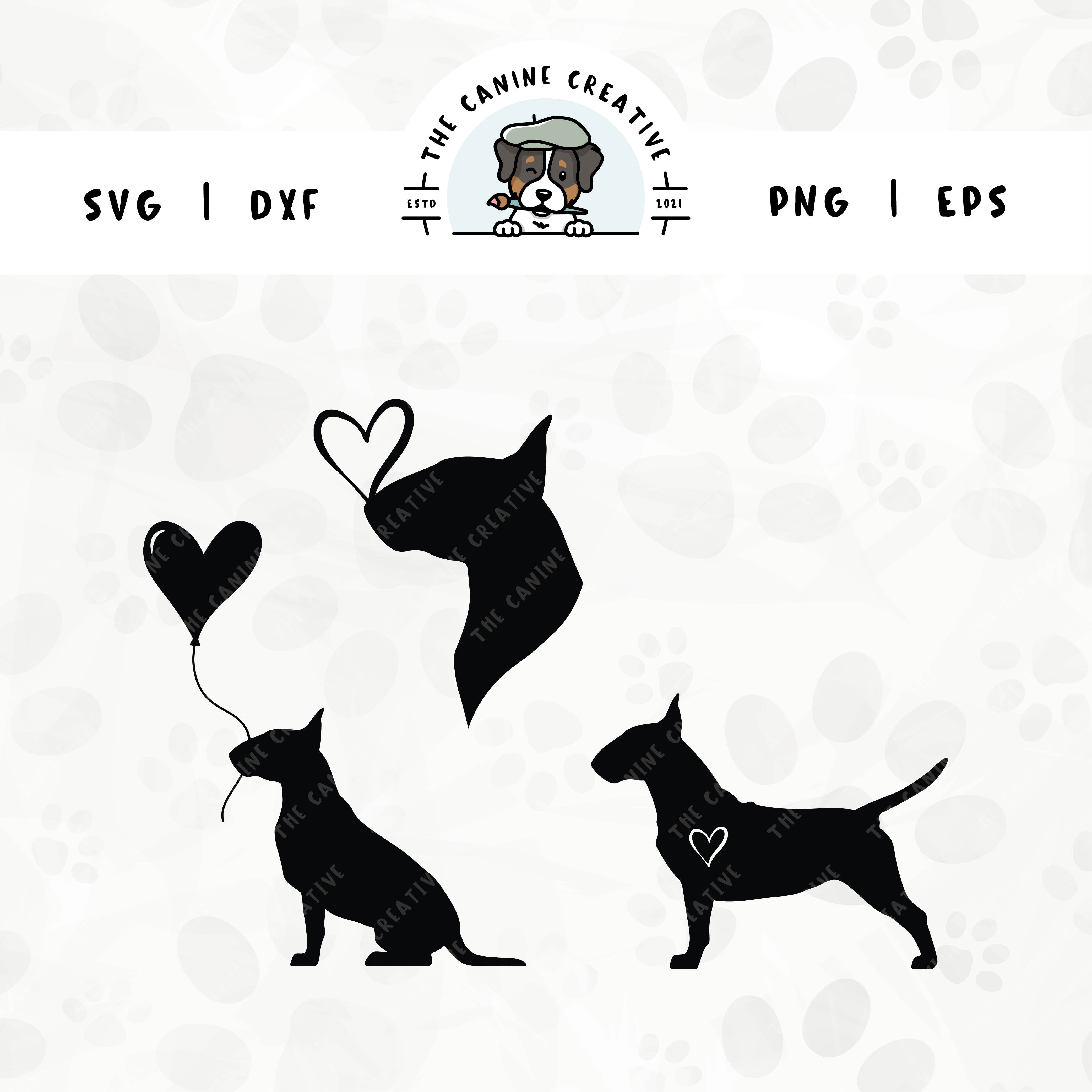 This 3-pack Bull Terrier silhouette bundle features a head portrait of a dog with a heart perched atop it’s nose, a sitting dog holding a heart balloon, and a standing profile of a dog with a heart inset. File formats include: SVG, DXF, PNG, and EPS.