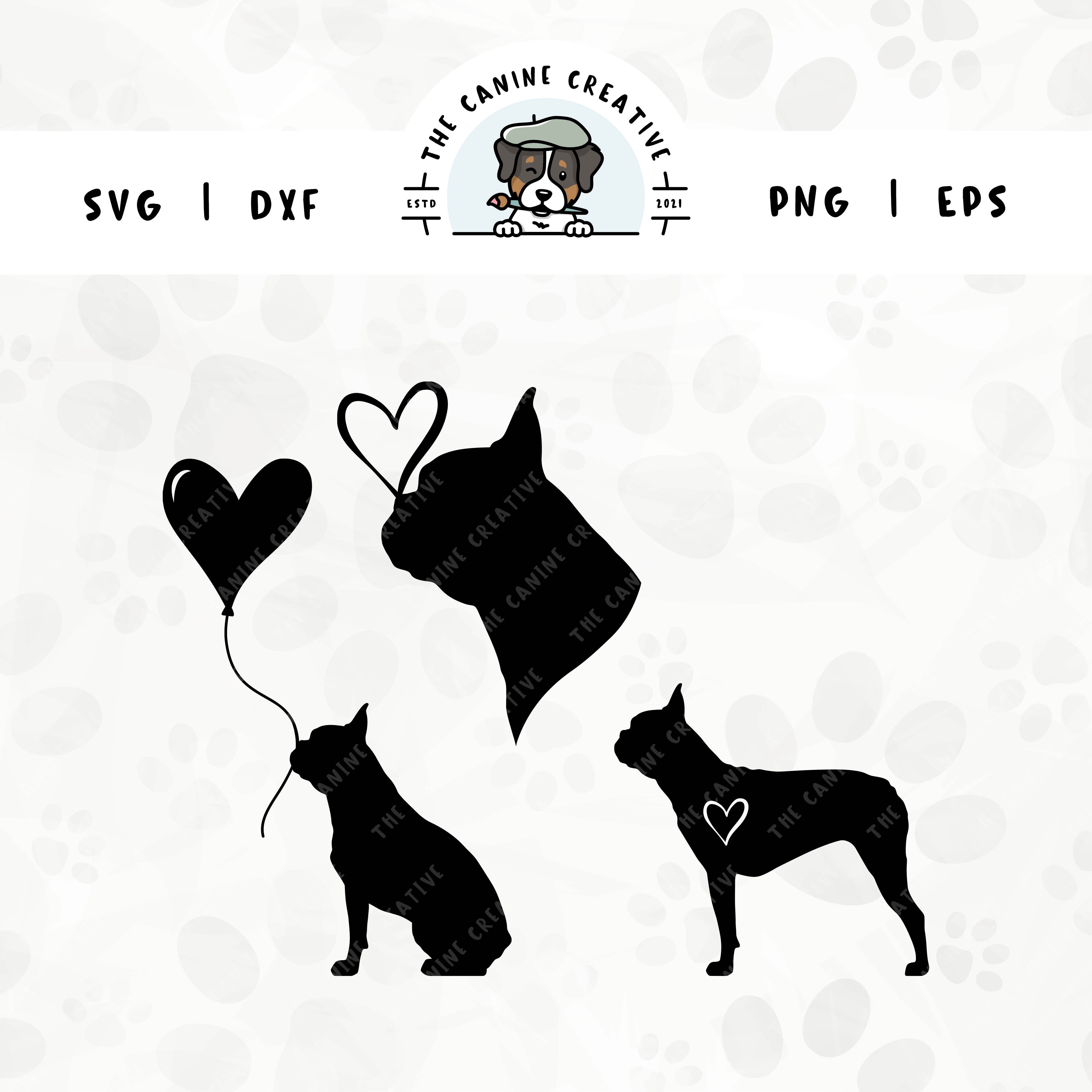 This 3-pack Boston Terrier silhouette bundle features a head portrait of a dog with a heart perched atop it’s nose, a sitting dog holding a heart balloon, and a standing profile of a dog with a heart inset. File formats include: SVG, DXF, PNG, and EPS.